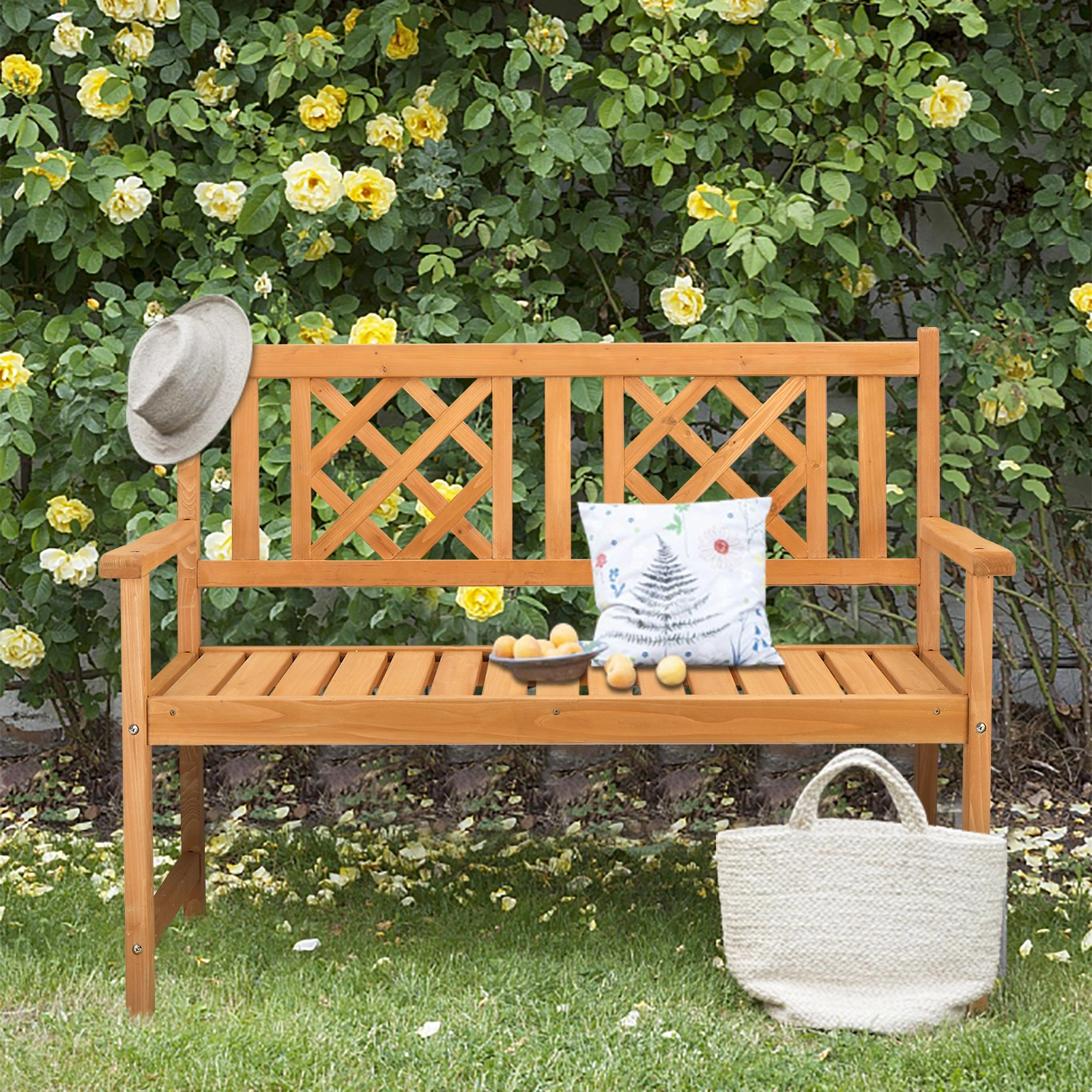 118*56.5*90cm Outdoor Garden Fir Grid Back Wooden Bench Burlywood view 18