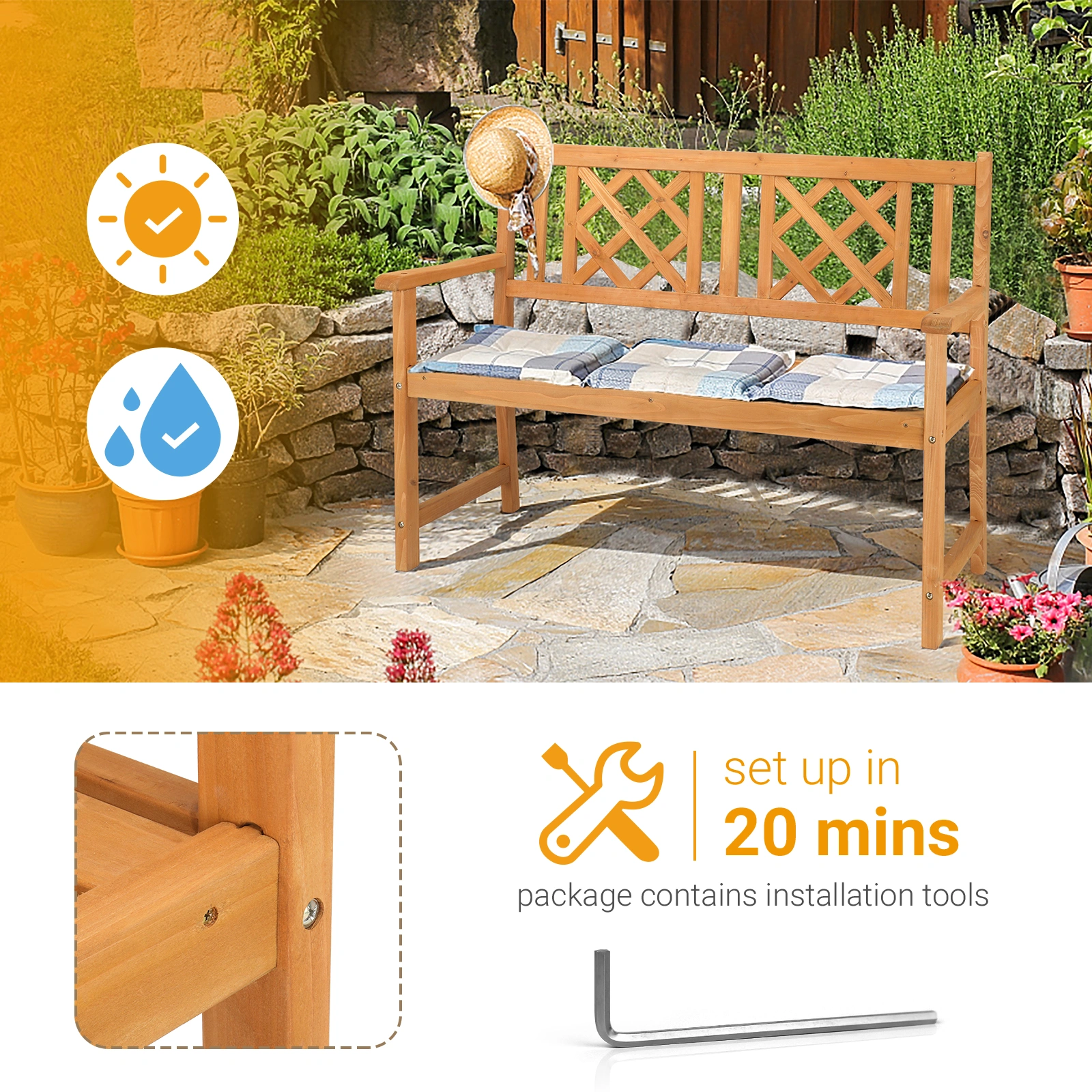 118*56.5*90cm Outdoor Garden Fir Grid Back Wooden Bench Burlywood view 21