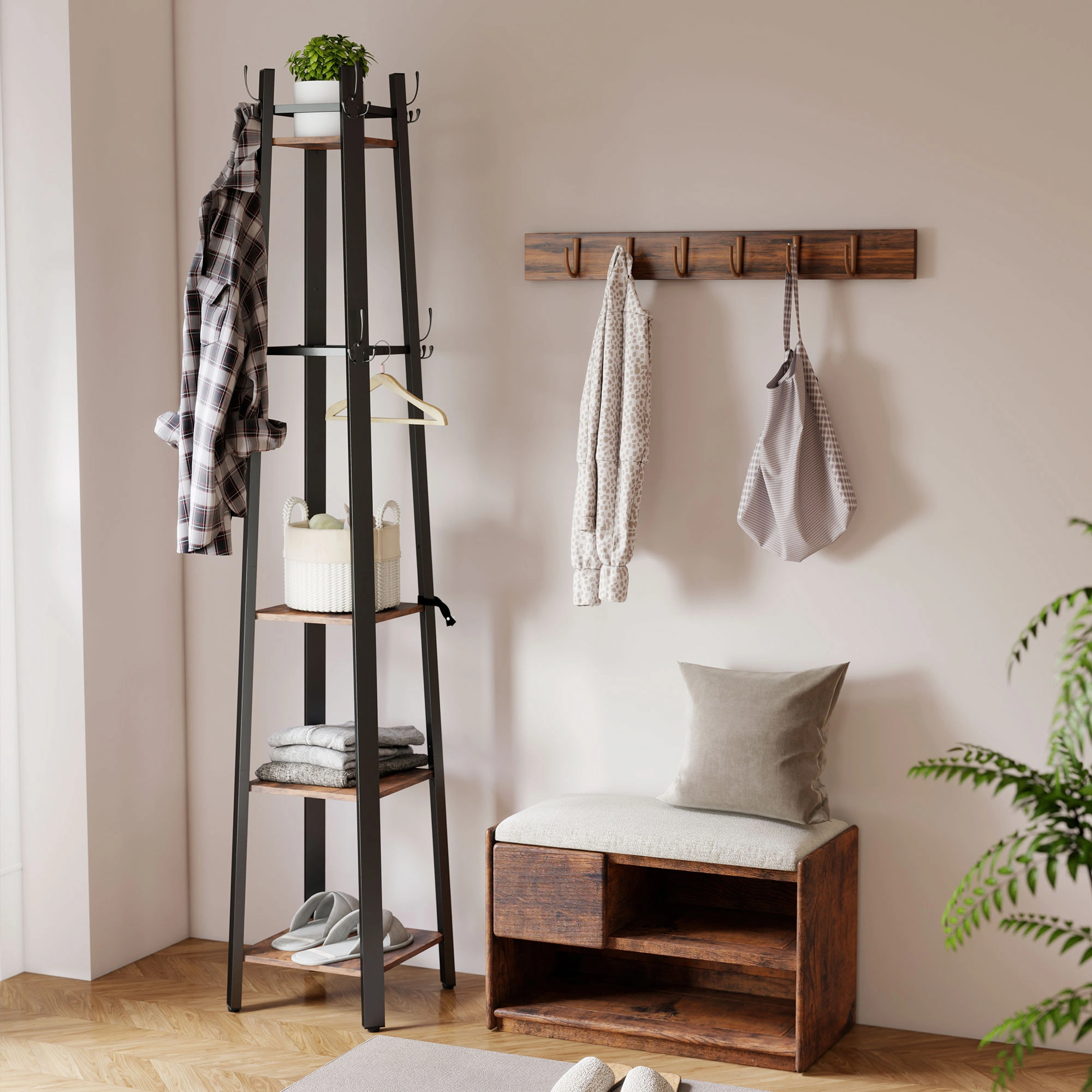 Heavy Duty Coat Racks Wall Mount, 5-Hook Wooden Coat Rack Entryway Organizer, Space Saving Garment Holder for Bedroom Hallway Living Room