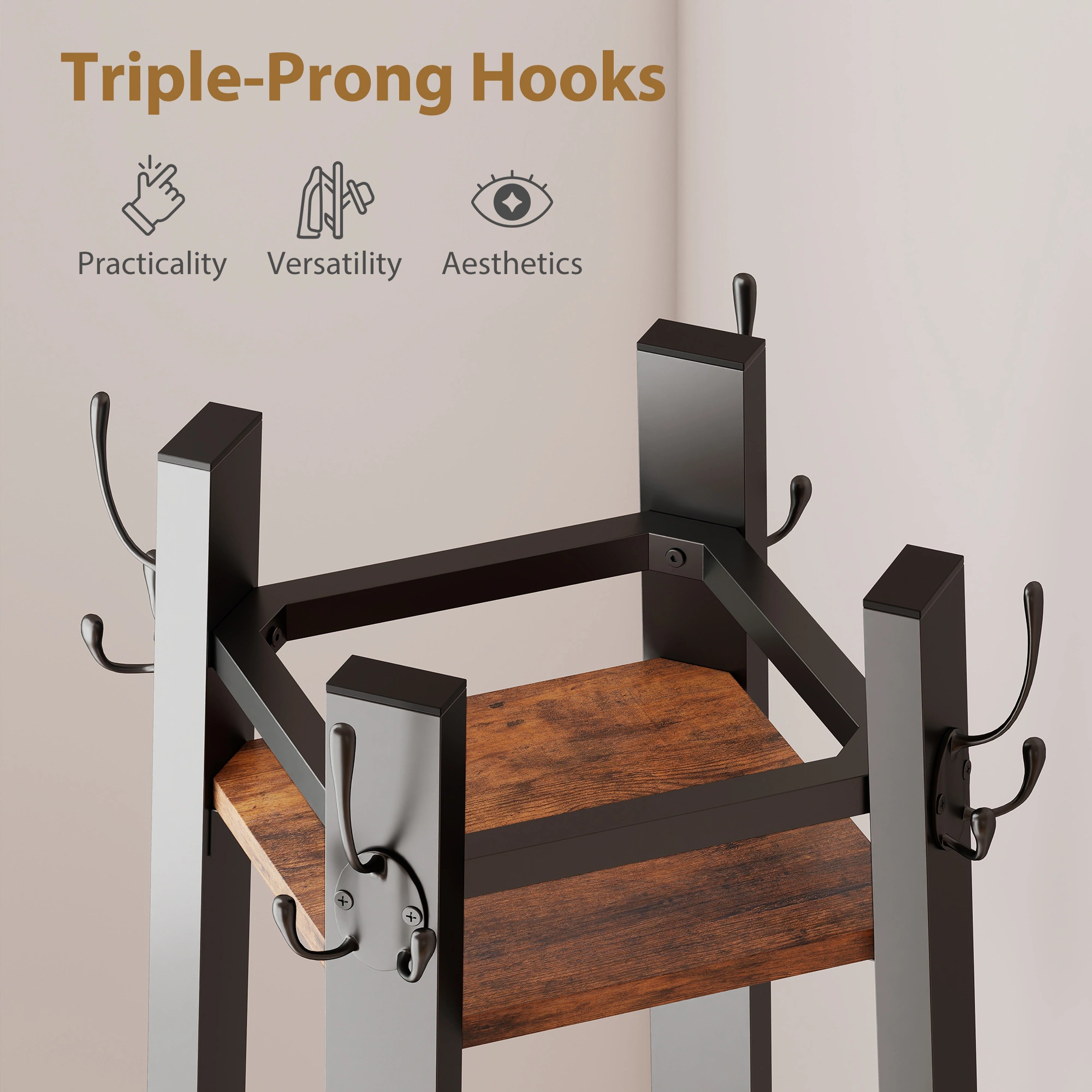 Heavy Duty Coat Racks Wall Mount, 5-Hook Wooden Coat Rack Entryway Organizer, Space Saving Garment Holder for Bedroom Hallway Living Room view 5