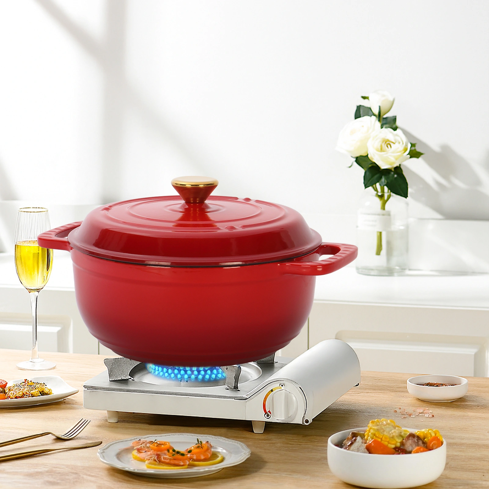 Cast iron 6QT cooking pot - Gradient red - Includes two silicone gloves - Enamel pot view 10