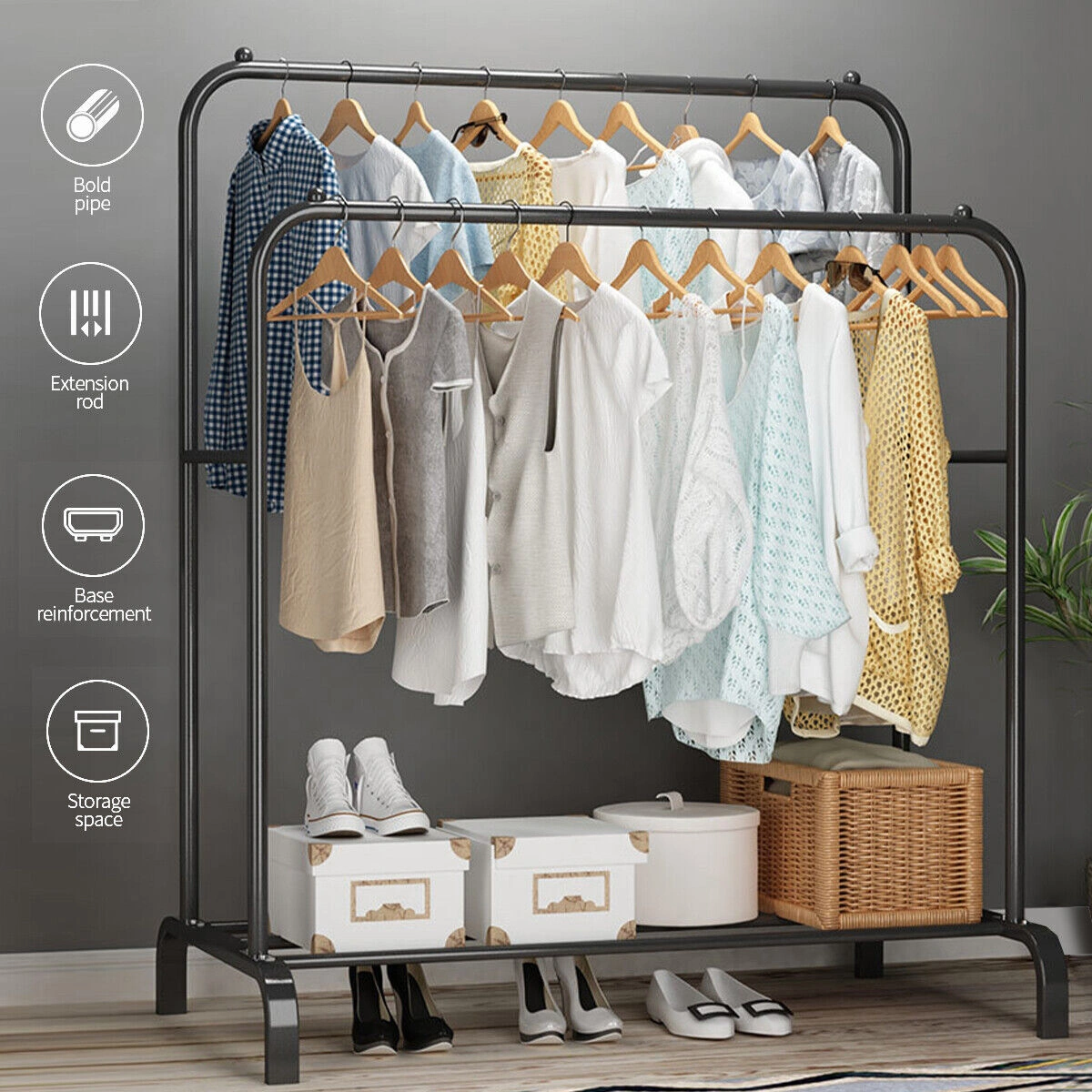 Heavy Duty Double Clothes Rail Hanging Rack Garment Display Stand Shoes Storage view 2