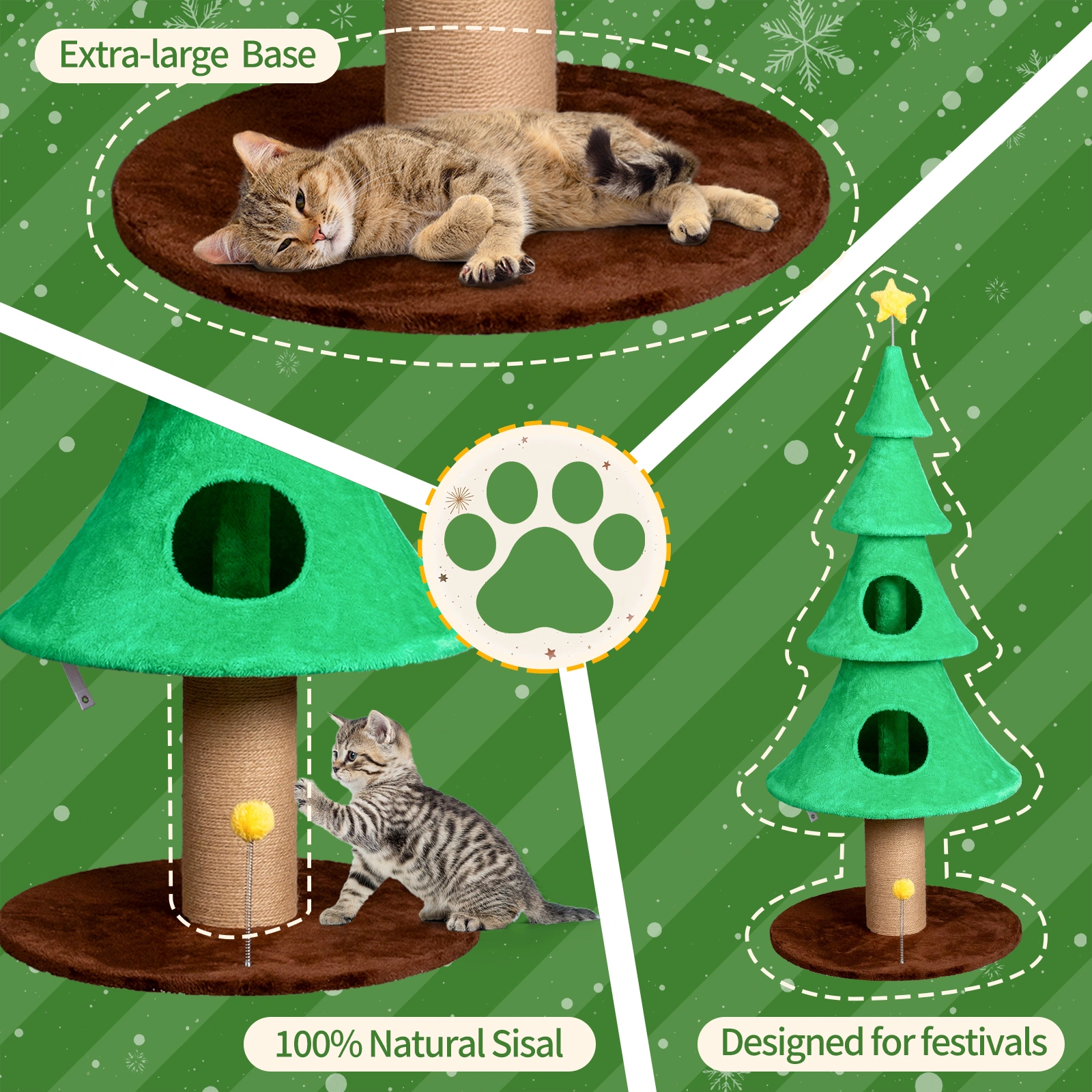 59in Large Tall Christmas Tree Cat Tower with 2 Cat Condos & Scratching Post, Soft Fleece Cat Tree with Teaser Toy & Sturdy Base & Built-in Openings for Indoor Cats, Green view 3