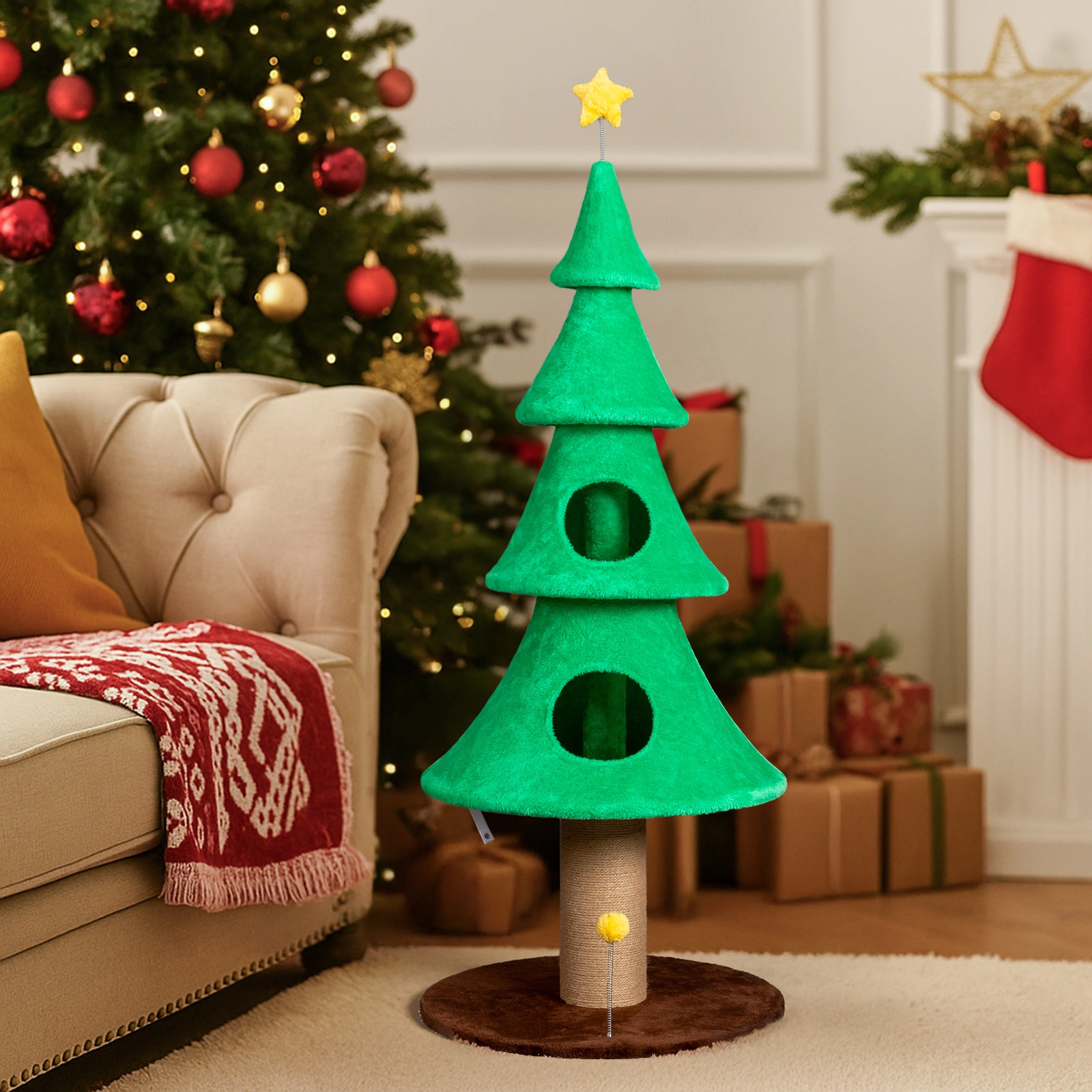 59in Large Tall Christmas Tree Cat Tower with 2 Cat Condos & Scratching Post, Soft Fleece Cat Tree with Teaser Toy & Sturdy Base & Built-in Openings for Indoor Cats, Green view 8