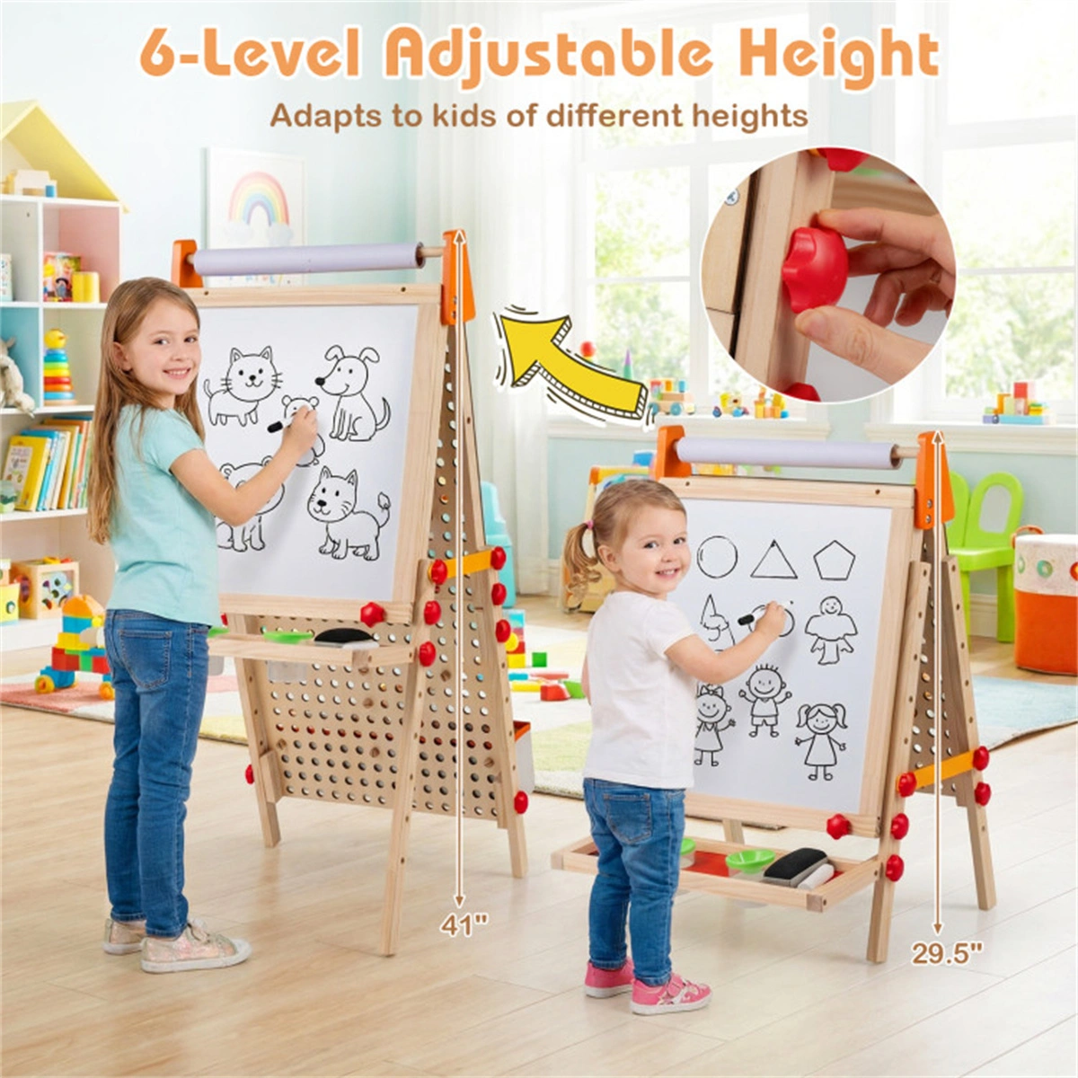 4-in-1 Kids Art Easel with Marble Run, Adjustable Height Double-Sided Drawing Easel with Paper Roll & Storage view 10