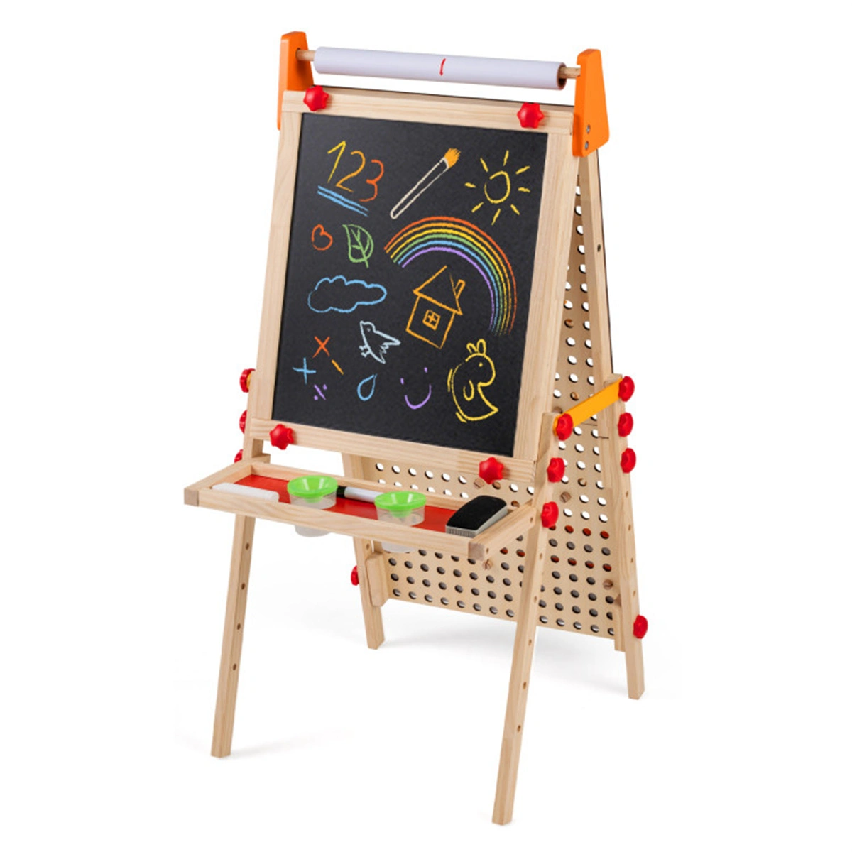 4-in-1 Kids Art Easel with Marble Run, Adjustable Height Double-Sided Drawing Easel with Paper Roll & Storage view 2