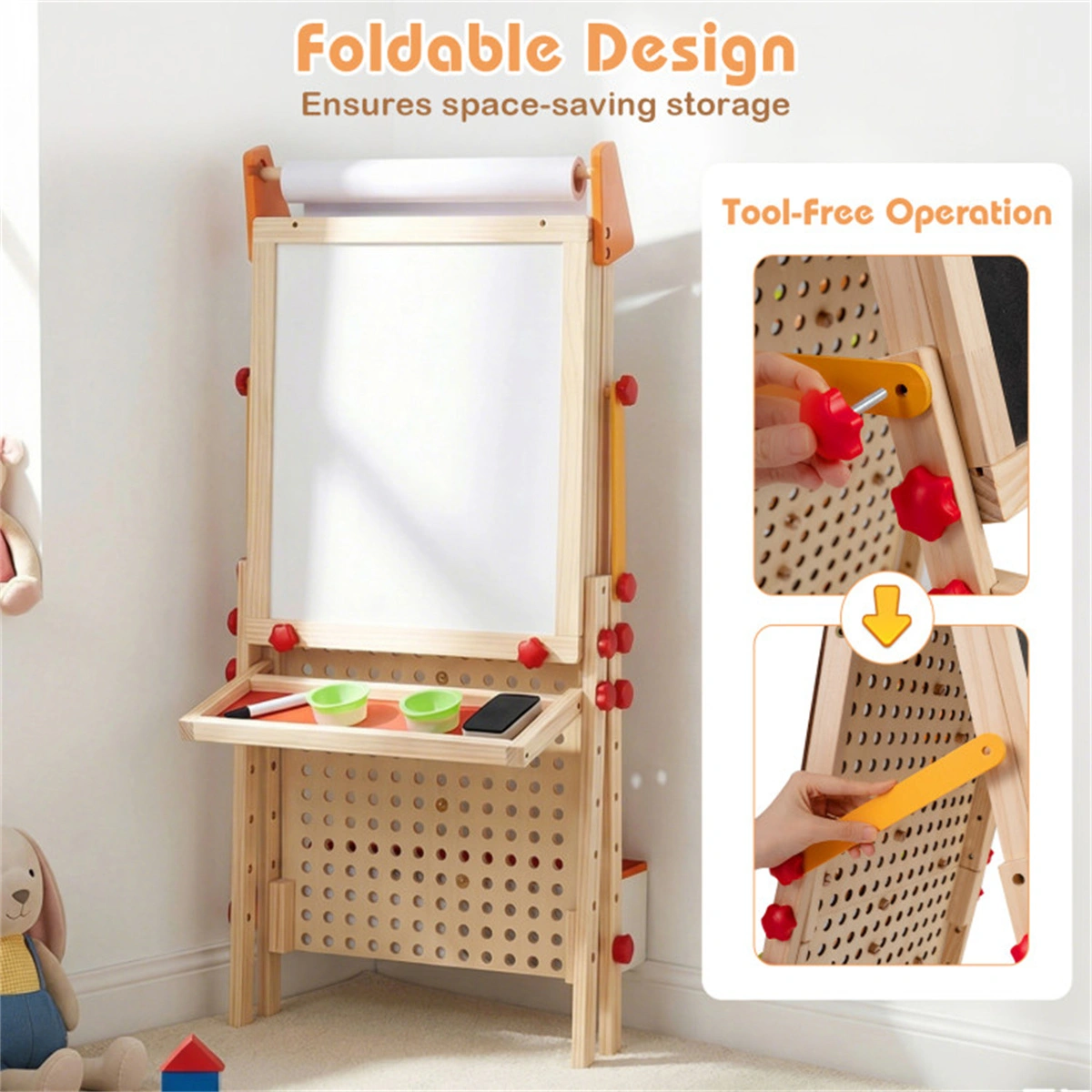 4-in-1 Kids Art Easel with Marble Run, Adjustable Height Double-Sided Drawing Easel with Paper Roll & Storage view 7