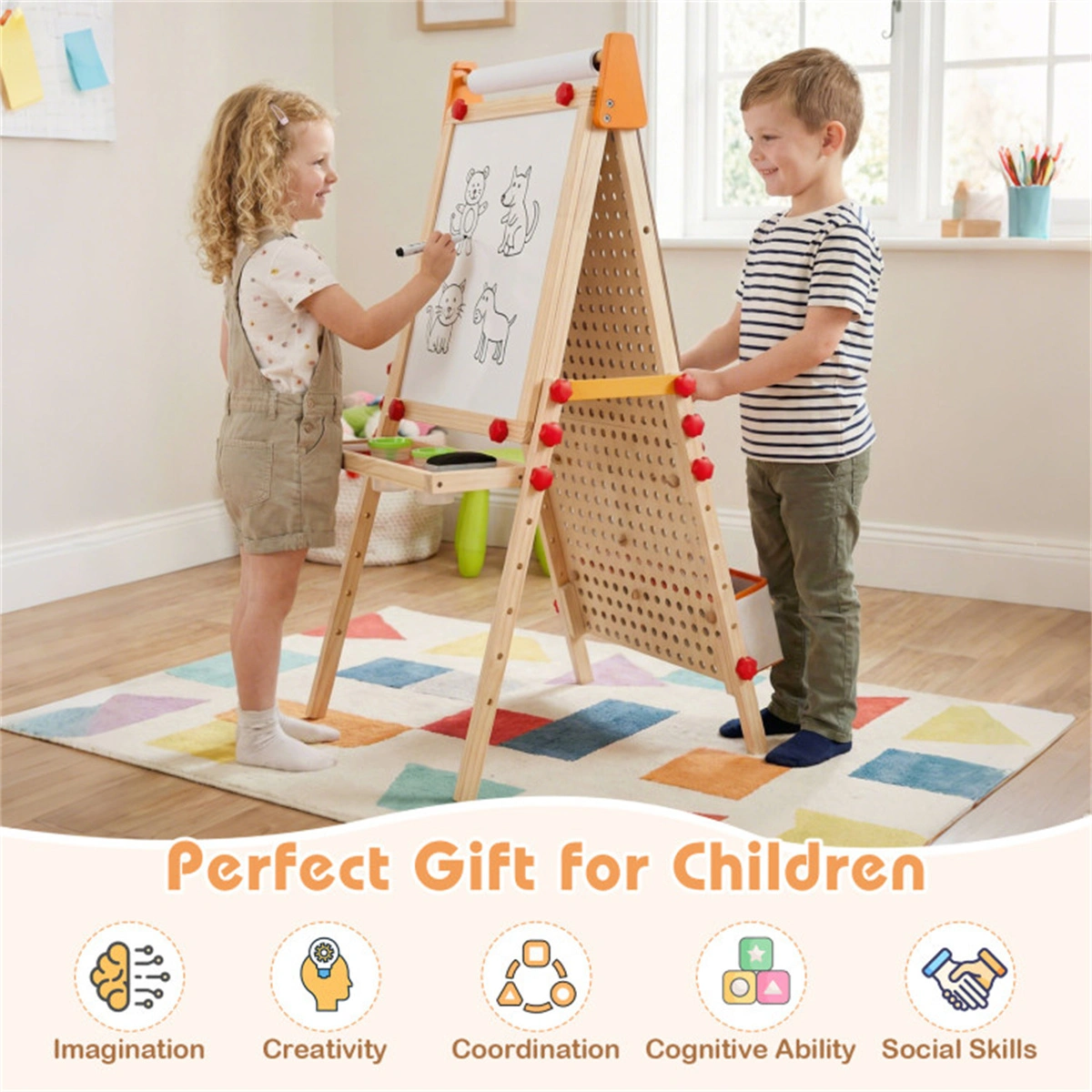4-in-1 Kids Art Easel with Marble Run, Adjustable Height Double-Sided Drawing Easel with Paper Roll & Storage view 8