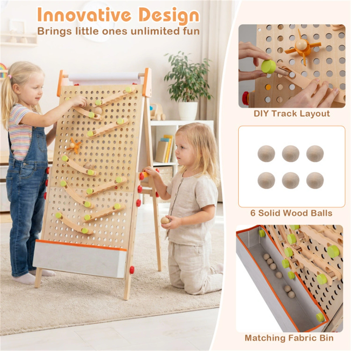 4-in-1 Kids Art Easel with Marble Run, Adjustable Height Double-Sided Drawing Easel with Paper Roll & Storage view 9