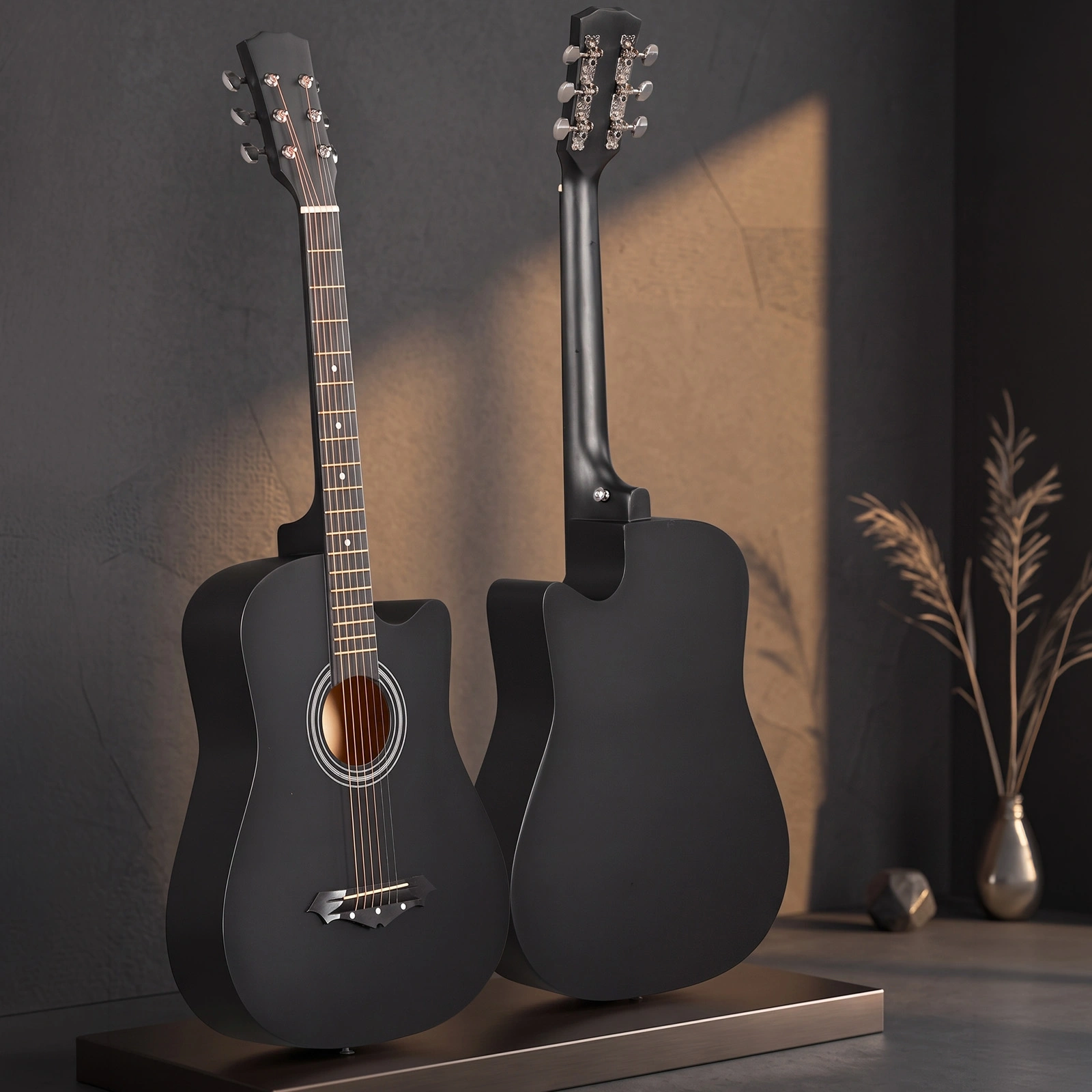 Matte Black 38-inch Acoustic Guitar with Picks, Strings, Capo, Case, Tuner, and Strap view 10