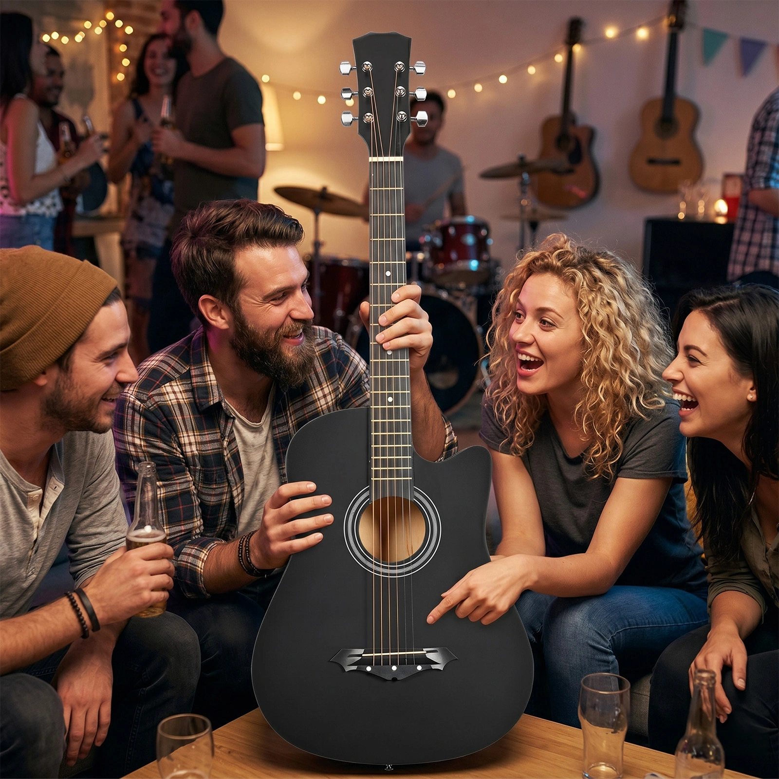 Matte Black 38-inch Acoustic Guitar with Picks, Strings, Capo, Case, Tuner, and Strap view 11