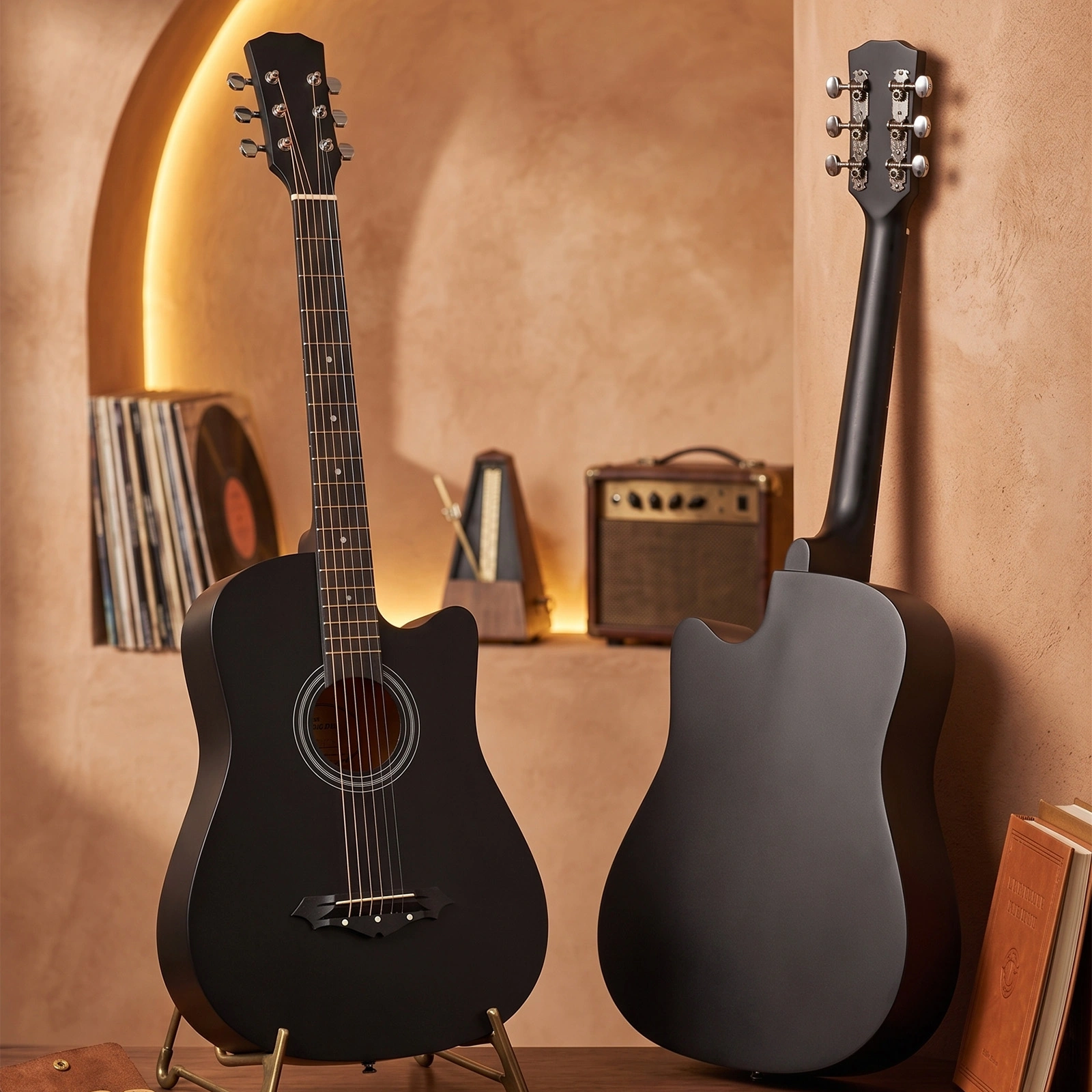 Matte Black 38-inch Acoustic Guitar with Picks, Strings, Capo, Case, Tuner, and Strap view 12