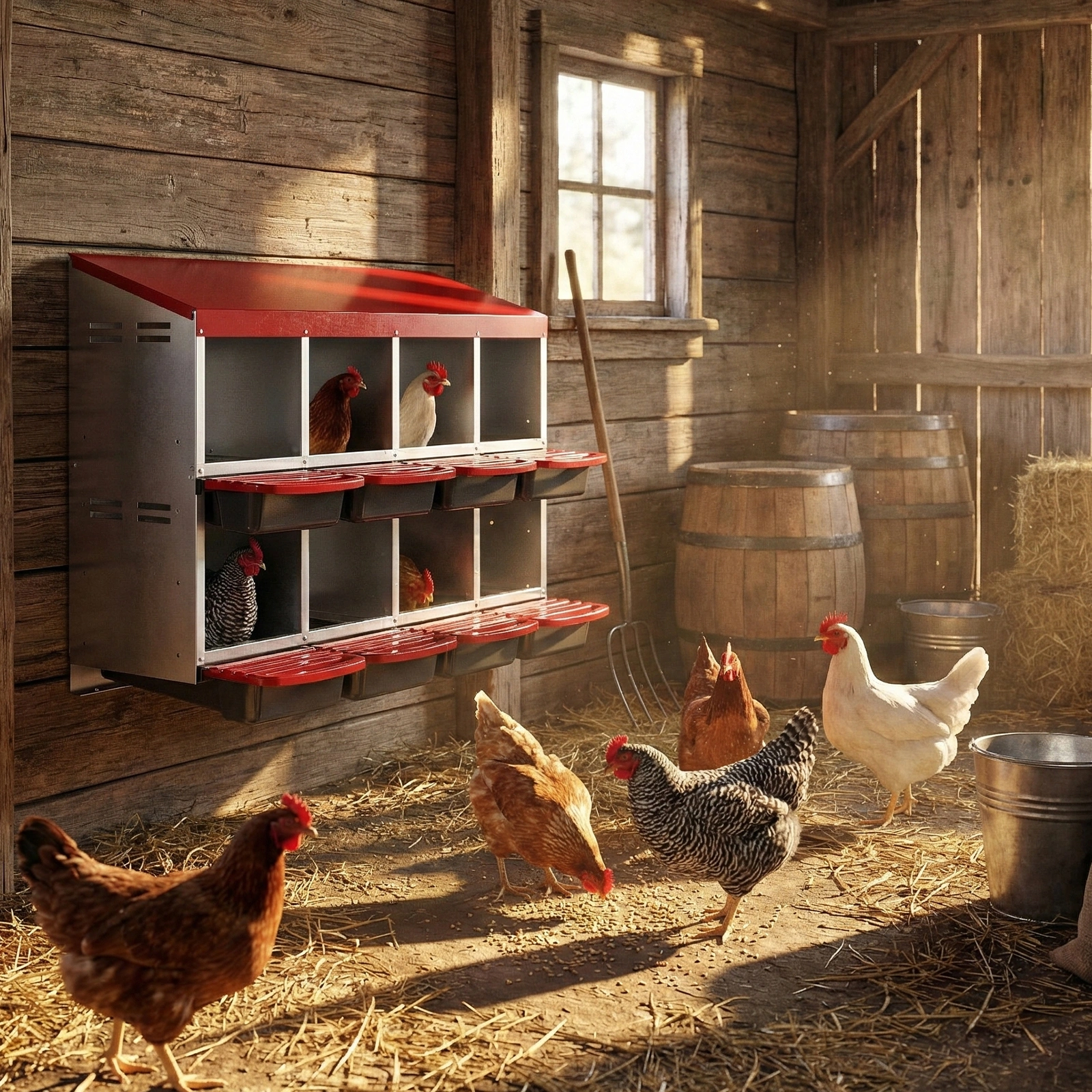 Chicken Nesting Box, 8 Compartment Roll Away Nesting Box for Laying Eggs, Wall Mount Chicken Nesting Boxes, Easy Egg Collection, Cleanable Pull Out Hen Roosting Boxes, 8 Holes, Red view 8