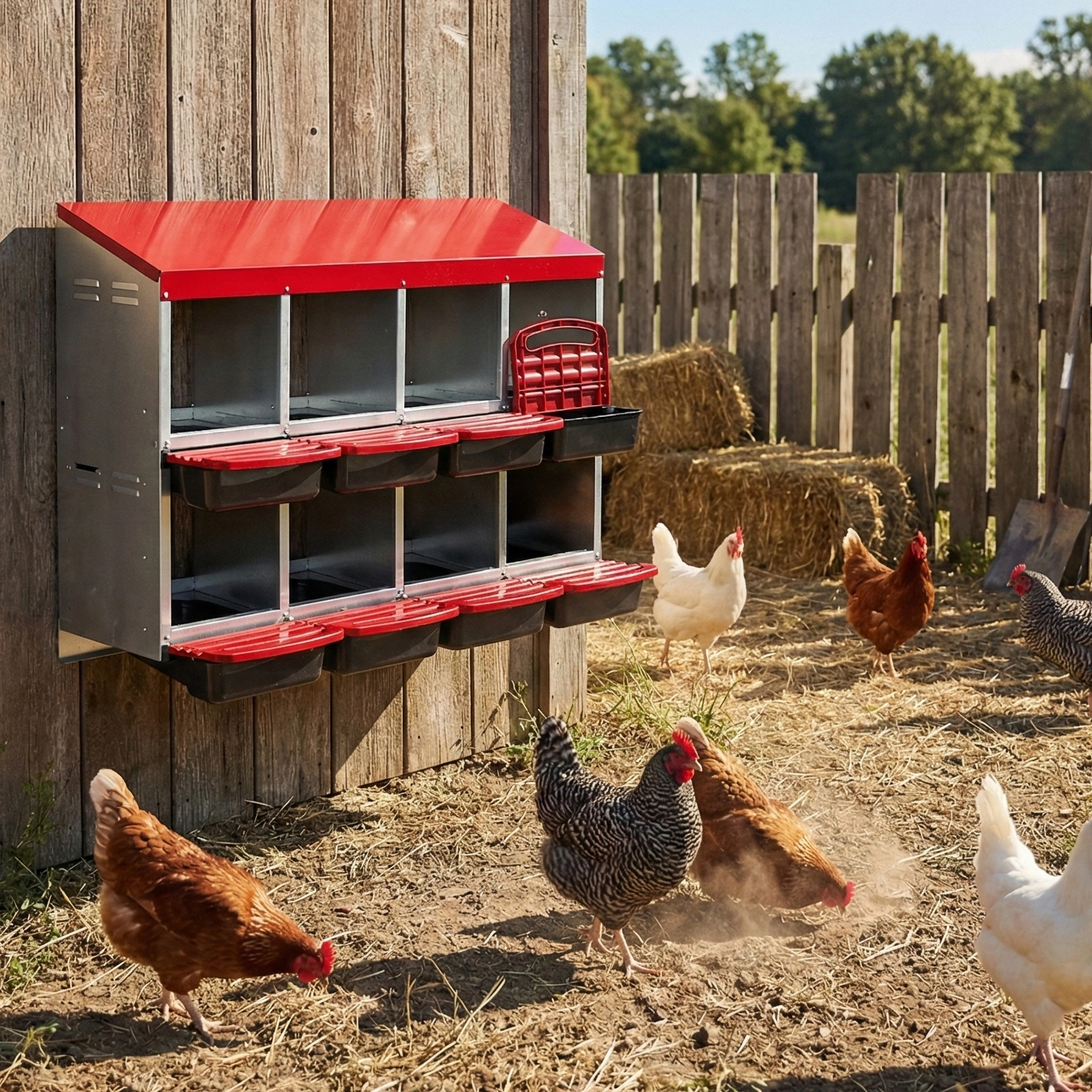 Chicken Nesting Box, 8 Compartment Roll Away Nesting Box for Laying Eggs, Wall Mount Chicken Nesting Boxes, Easy Egg Collection, Cleanable Pull Out Hen Roosting Boxes, 8 Holes, Red view 9