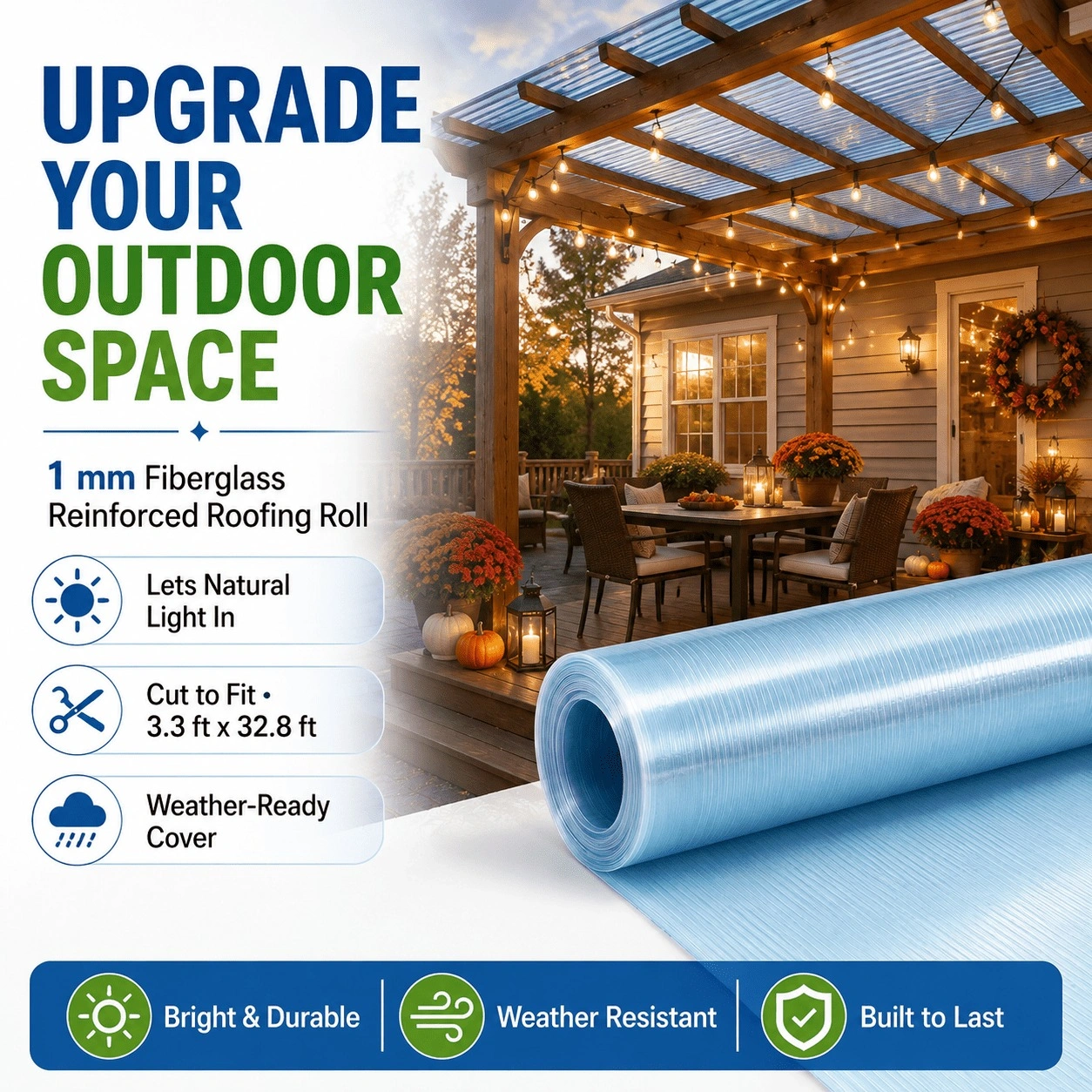 3.3x32ft Polycarbonate Roof Panel Roll, Clear Insulated Rainproof Greenhouse Panels, Glass Fiber Canopy Cover view 3