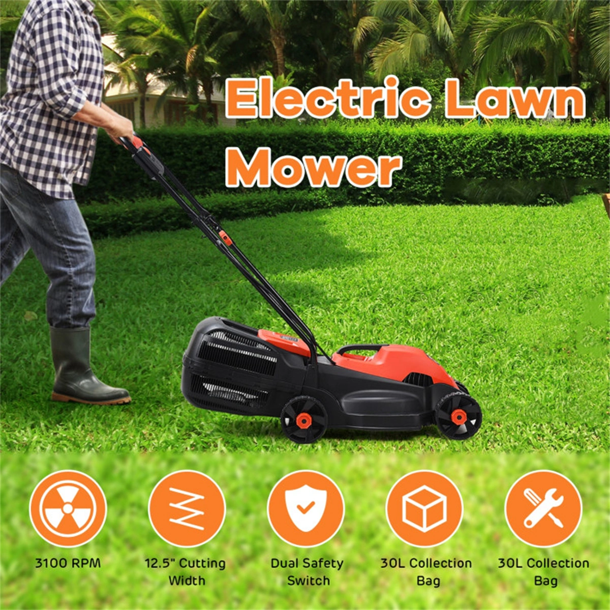 13-Inch Electric Lawn Mower with 8 Gal Grass Collection Box, 3 Adjustable Cutting Heights, Lightweight 15.5LBS Push Mower for Garden - Red view 10