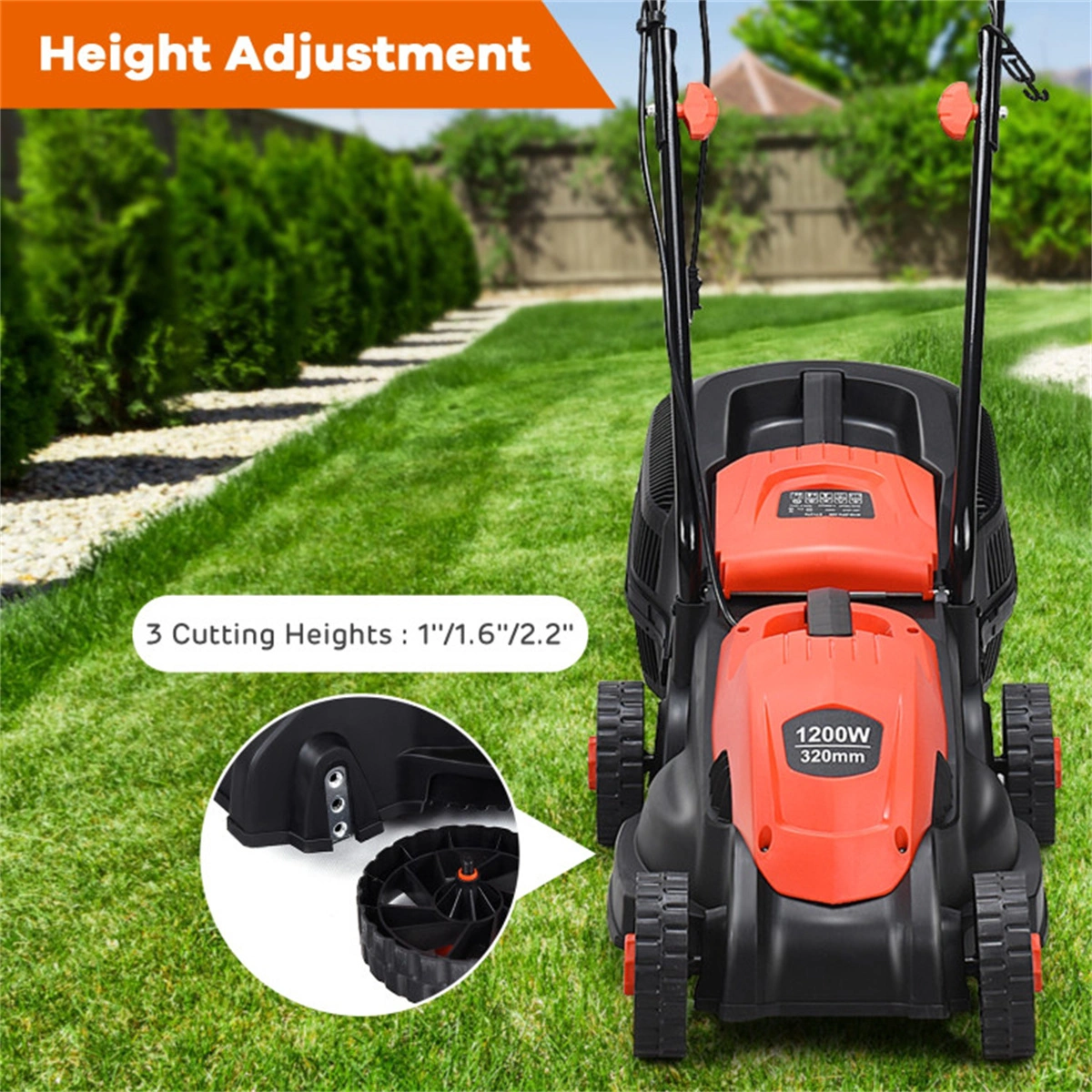 13-Inch Electric Lawn Mower with 8 Gal Grass Collection Box, 3 Adjustable Cutting Heights, Lightweight 15.5LBS Push Mower for Garden - Red view 7