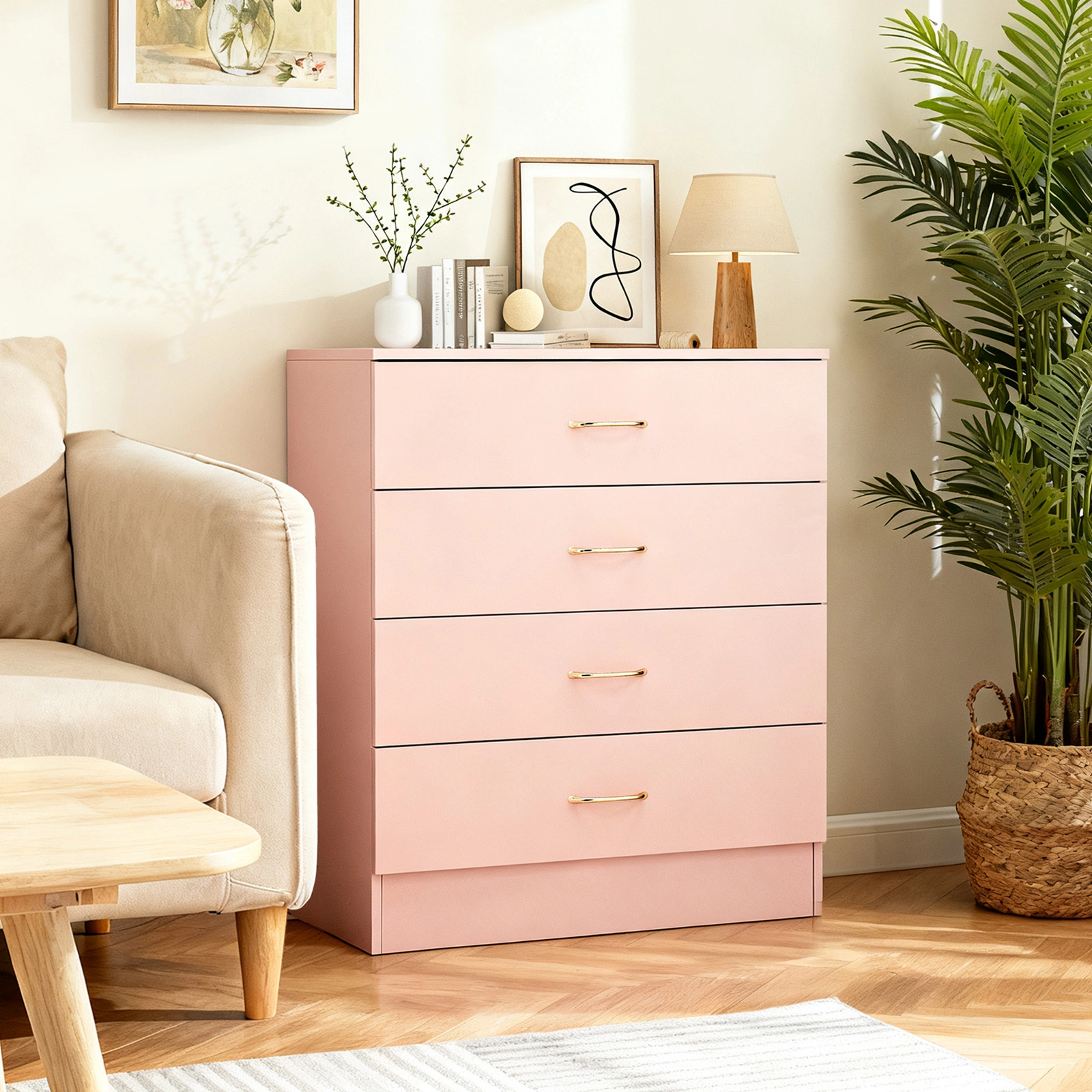 25.98"*12.99"*30.42" 4-Drawer Cabinet Faux Rose Gold Handles Pink view 10