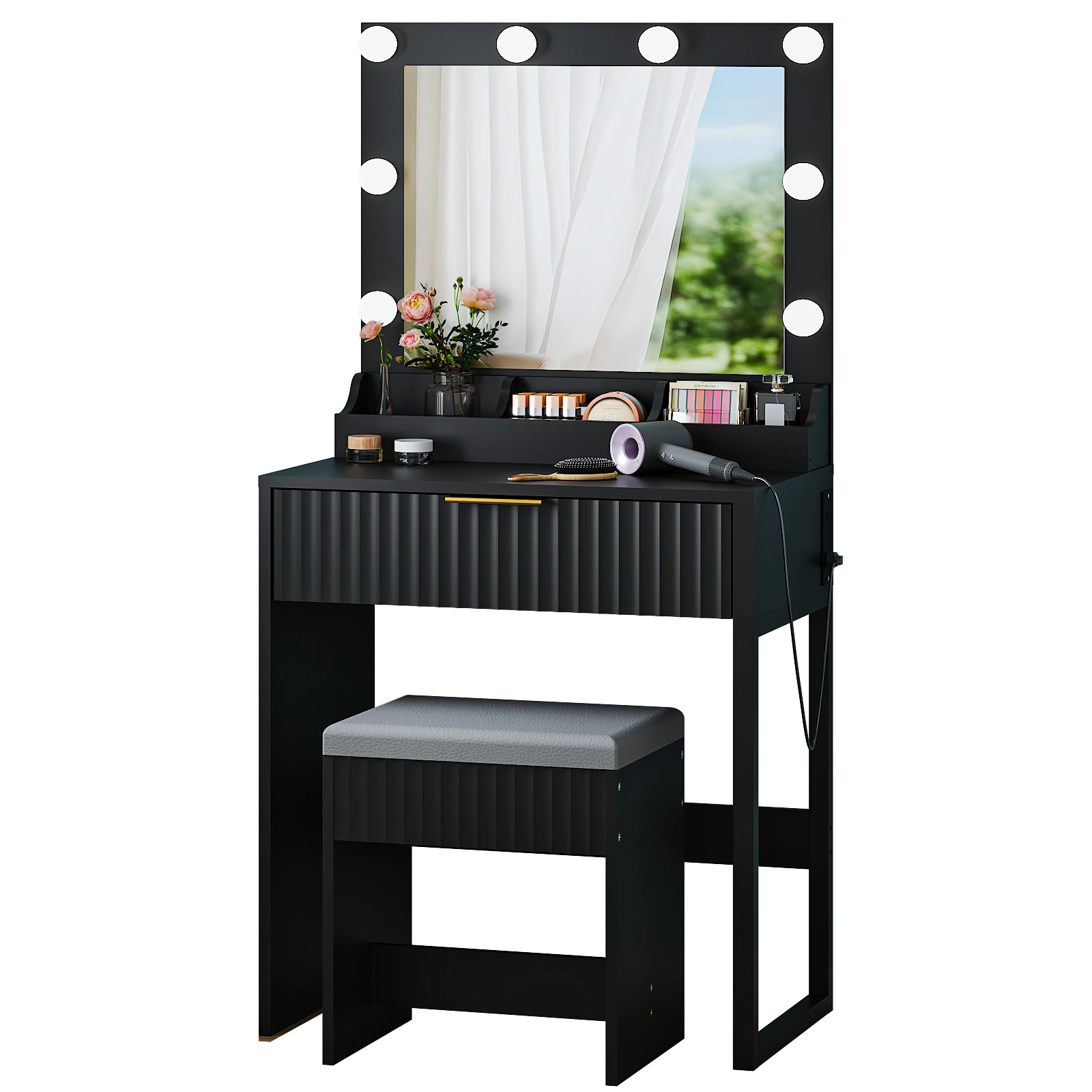 Black particleboard with a 3-compartment, 1-drawer dressing table set with 8 three-tone light bulbs, power strip, and grille series view 3