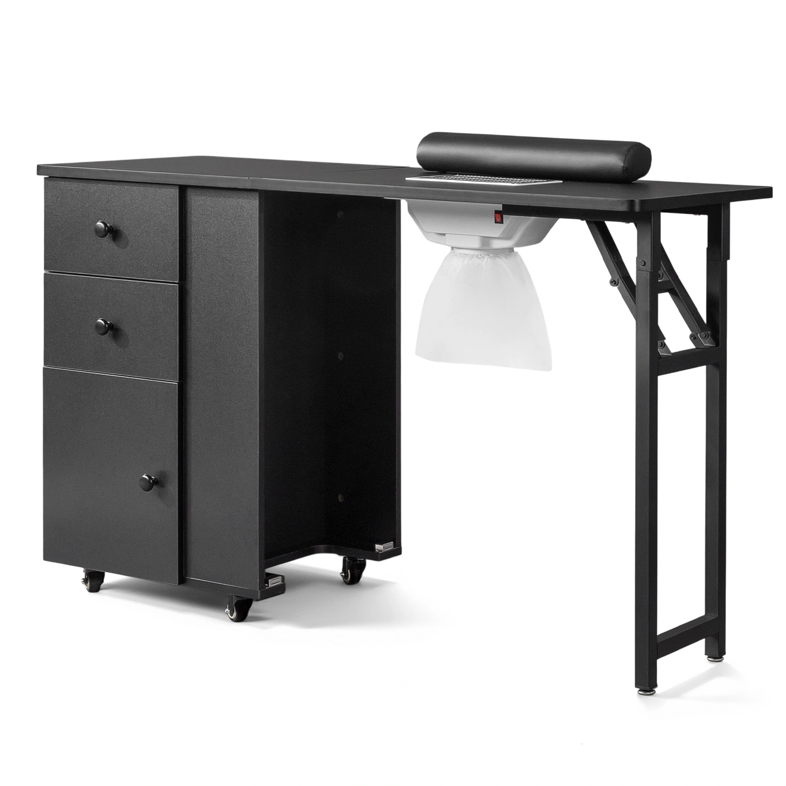 Nail Desk Folding Table, Black MDF Manicure Station w/ 2 Drawers & 1 Door Cabinet for Nail Art Salon Home Beauty view 8