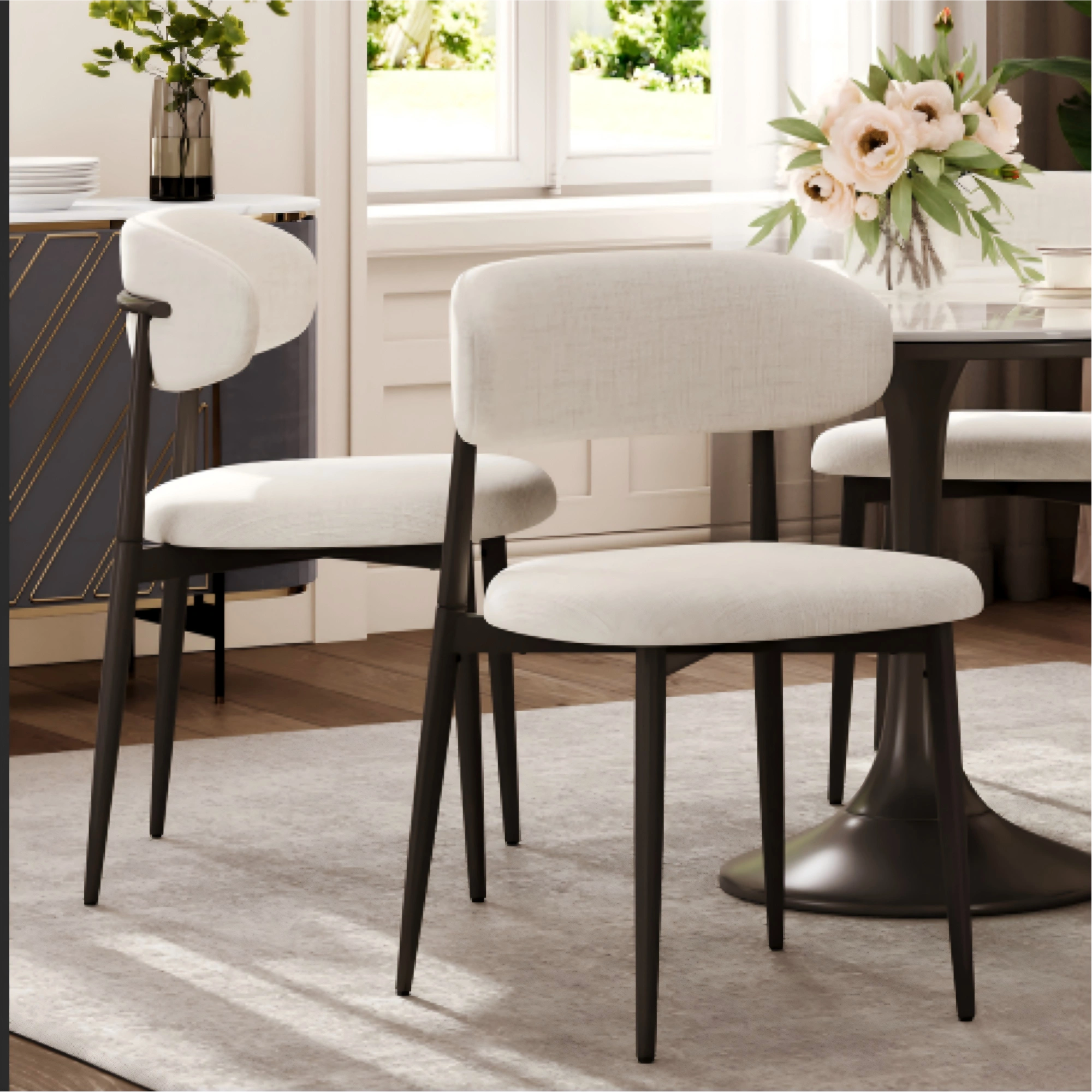 Set of 2 Dining Chairs Metal Kitchen Chair Modern Fabric Upholstered Seat Beige Accent Chair for Dining Room Cafe