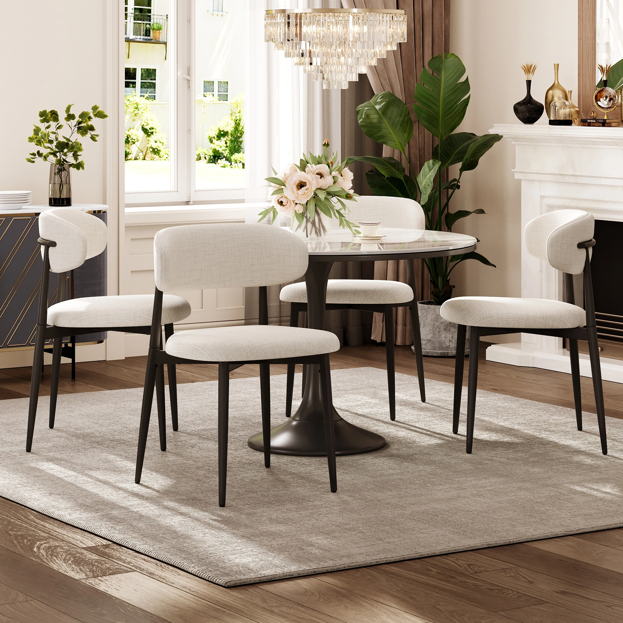 Set of 2 Dining Chairs Metal Kitchen Chair Modern Fabric Upholstered Seat Beige Accent Chair for Dining Room Cafe view 5