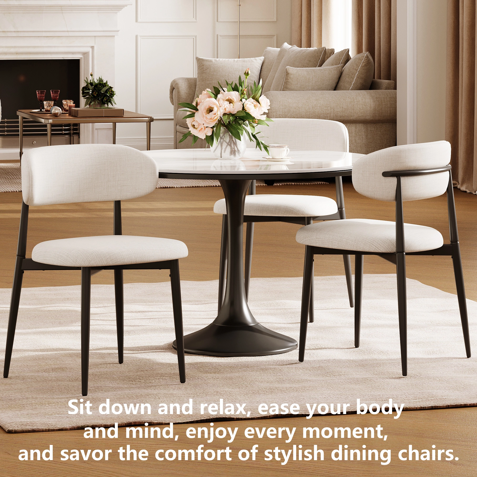 Set of 2 Dining Chairs Metal Kitchen Chair Modern Fabric Upholstered Seat Beige Accent Chair for Dining Room Cafe view 8