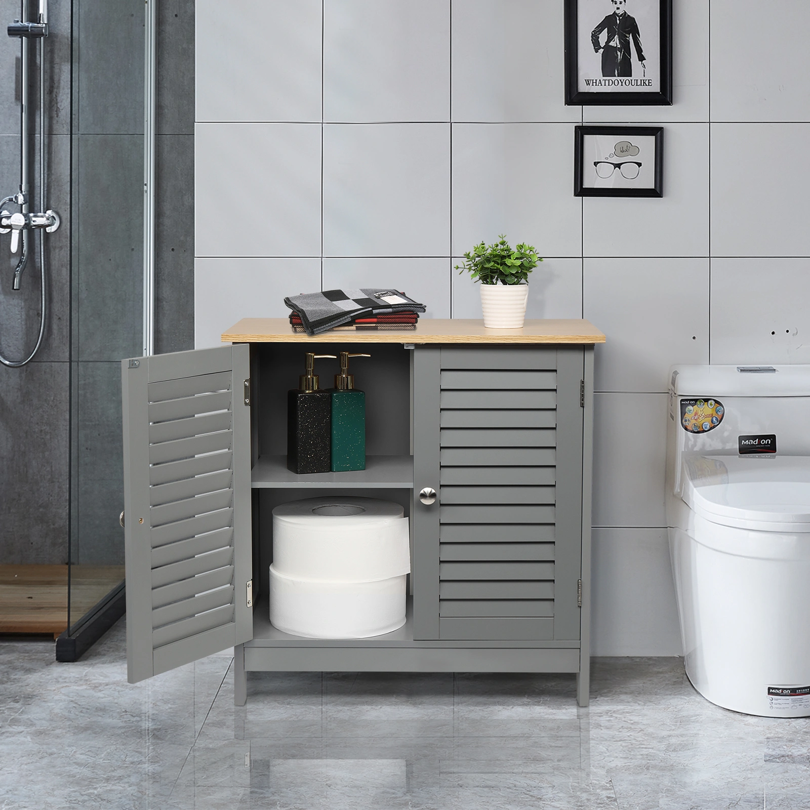 Gray MDF Bathroom Cabinet, 2-Door Wall-Mount Storage Cupboard, Spray-Painted Finish Moisture-Resistant Vanity Organizer