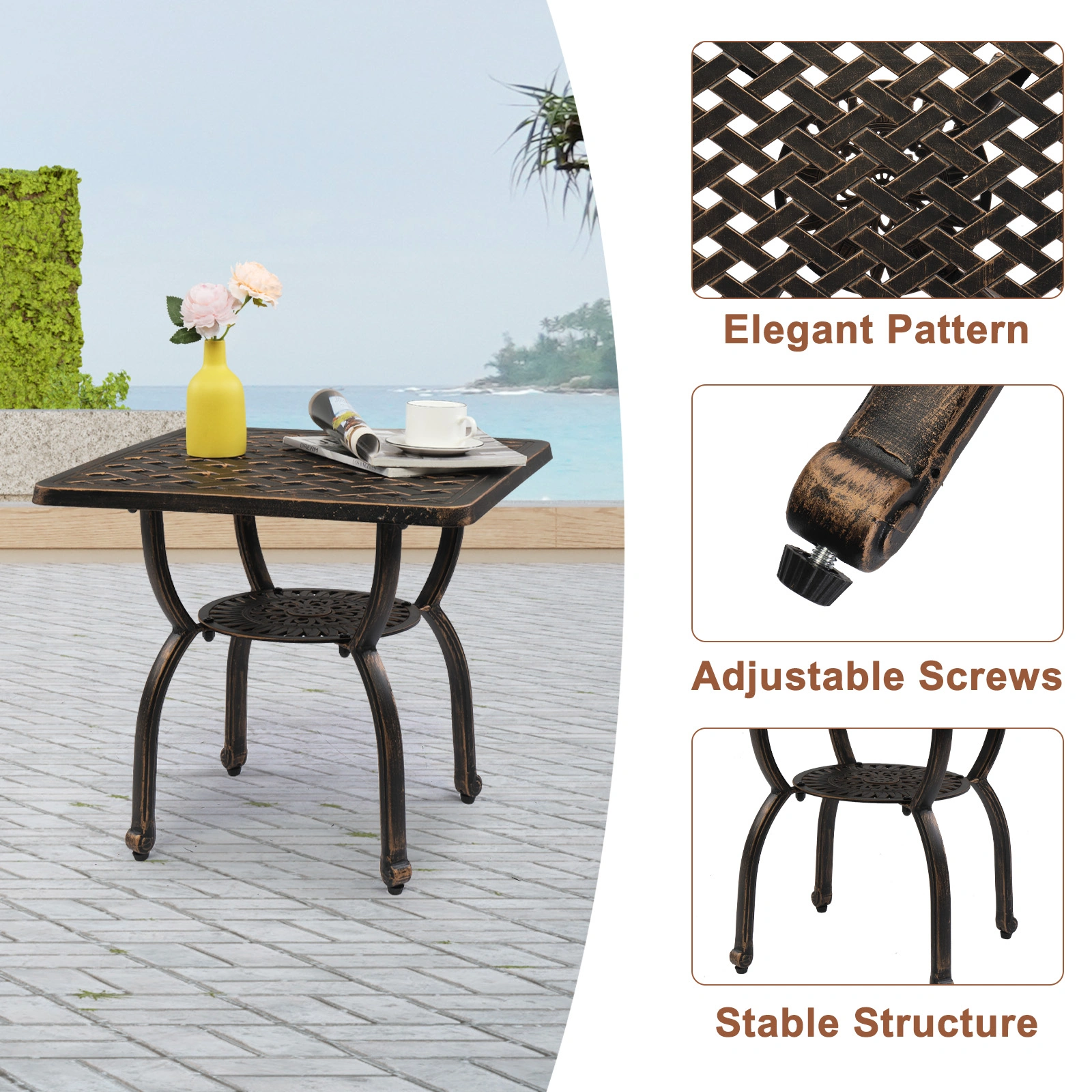 Cast Aluminum Outdoor Side Table, Anti-Rust Outdoor Square End Table, Patio Coffee Bistro Table for Indoor Garden Porch Balcony, Antique Bronze view 9