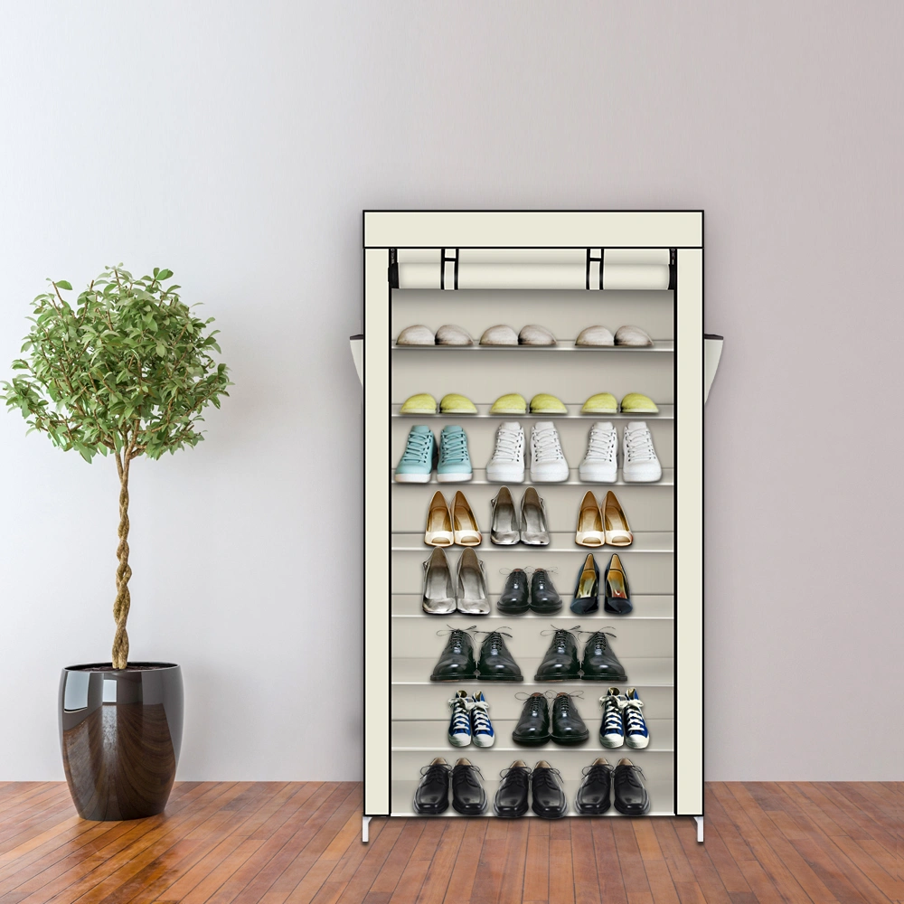 Beige 10-Tier Shoe Rack with Dustproof Cover, Closet Shoe Storage Cabinet Organizer