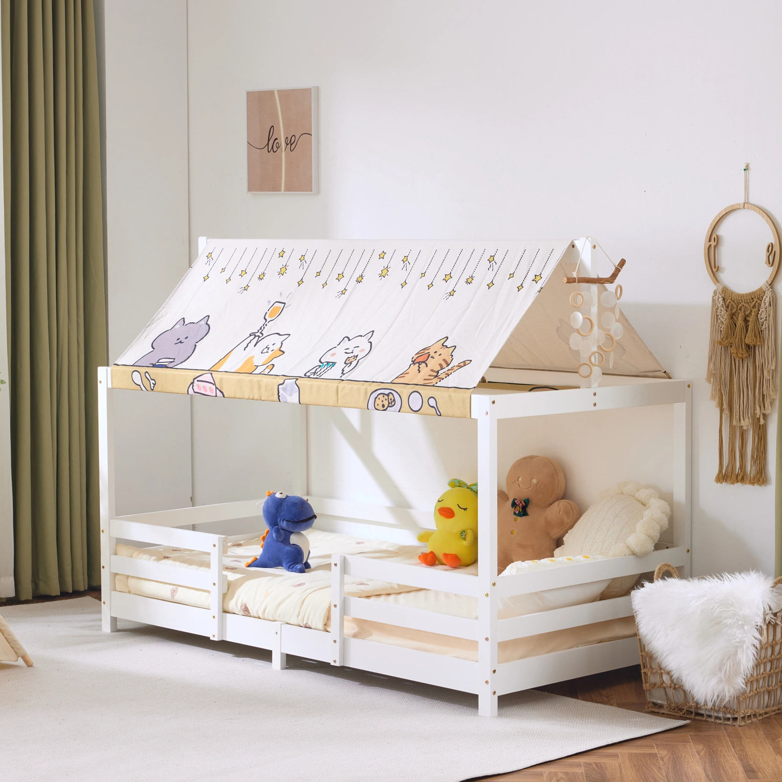 White Painted Pine Children's Bed with Canopy Roof Design view 3