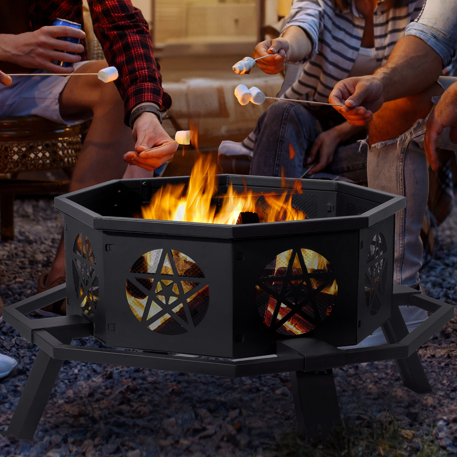 35 Inch Octagonal Wood Burning Fire Pit, Black Wrought Iron Fire Bowl with Foot Pedal and Star Cutout Vents, Flat Pack Design view 11