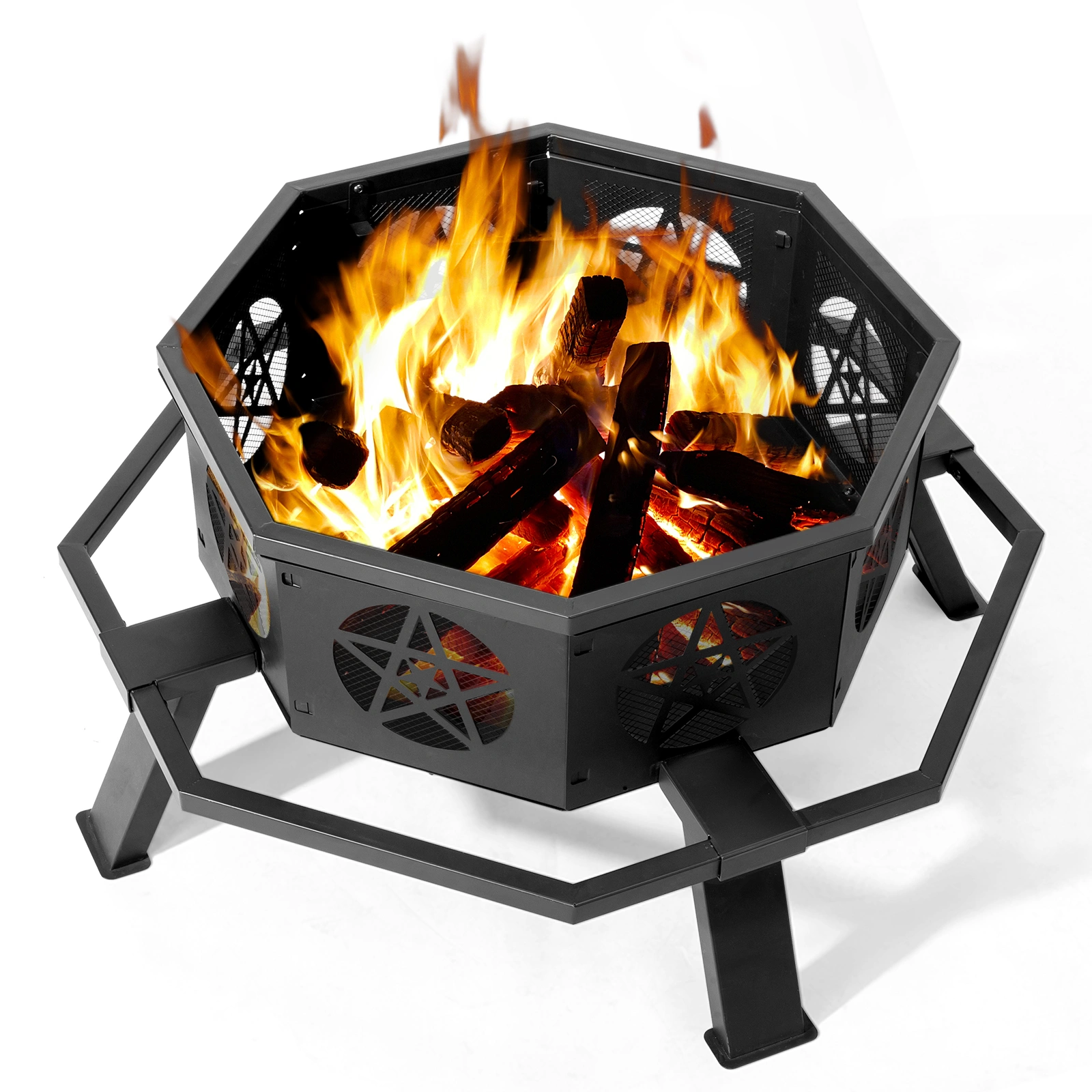 35 Inch Octagonal Wood Burning Fire Pit, Black Wrought Iron Fire Bowl with Foot Pedal and Star Cutout Vents, Flat Pack Design view 14