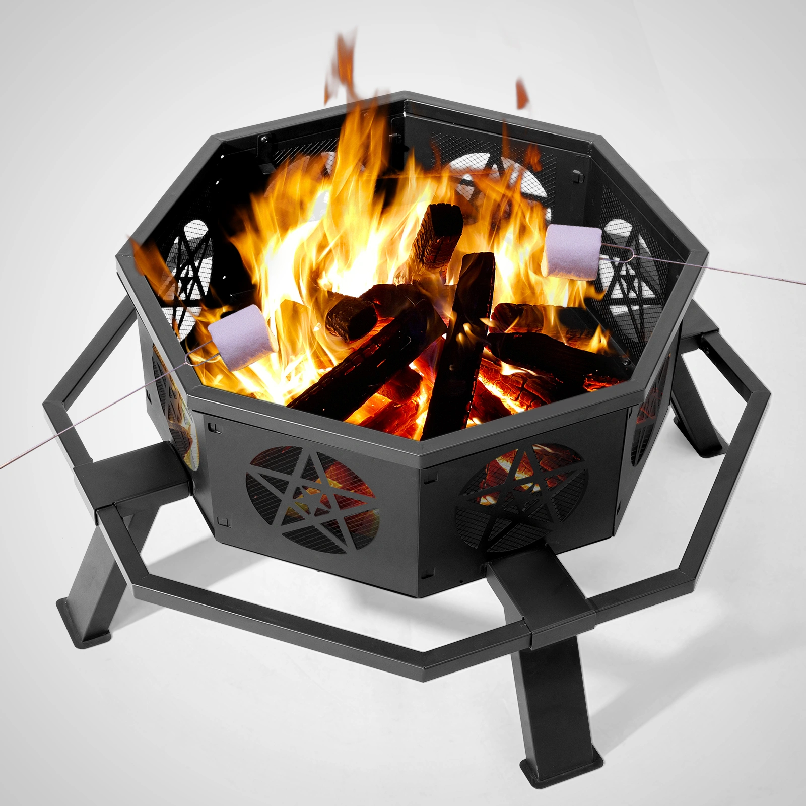 35 Inch Octagonal Wood Burning Fire Pit, Black Wrought Iron Fire Bowl with Foot Pedal and Star Cutout Vents, Flat Pack Design view 16