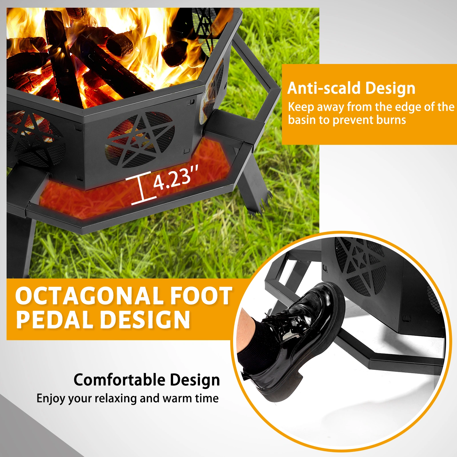 35 Inch Octagonal Wood Burning Fire Pit, Black Wrought Iron Fire Bowl with Foot Pedal and Star Cutout Vents, Flat Pack Design view 3