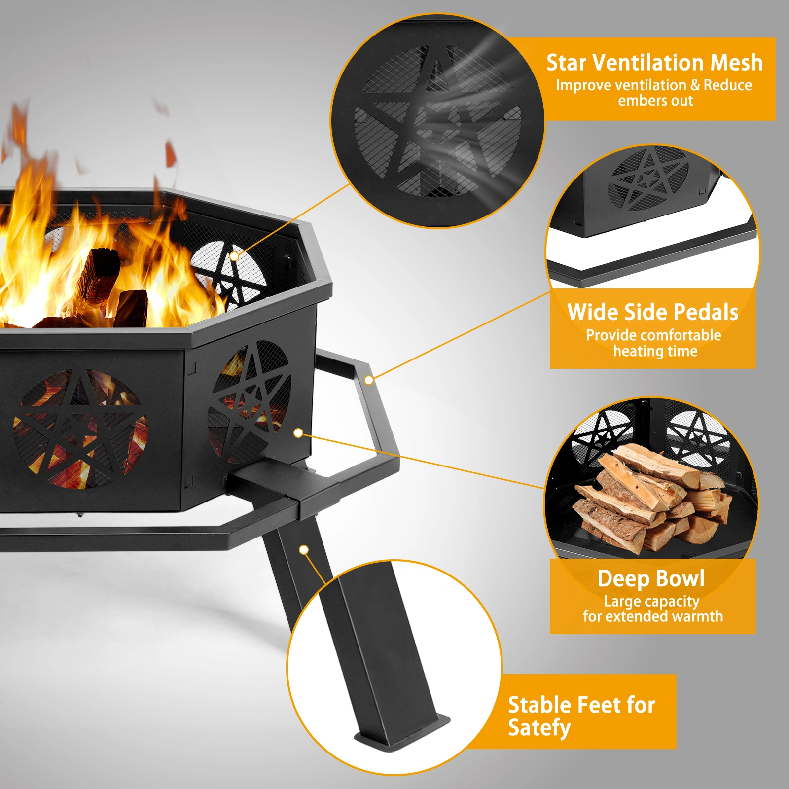 35 Inch Octagonal Wood Burning Fire Pit, Black Wrought Iron Fire Bowl with Foot Pedal and Star Cutout Vents, Flat Pack Design view 6