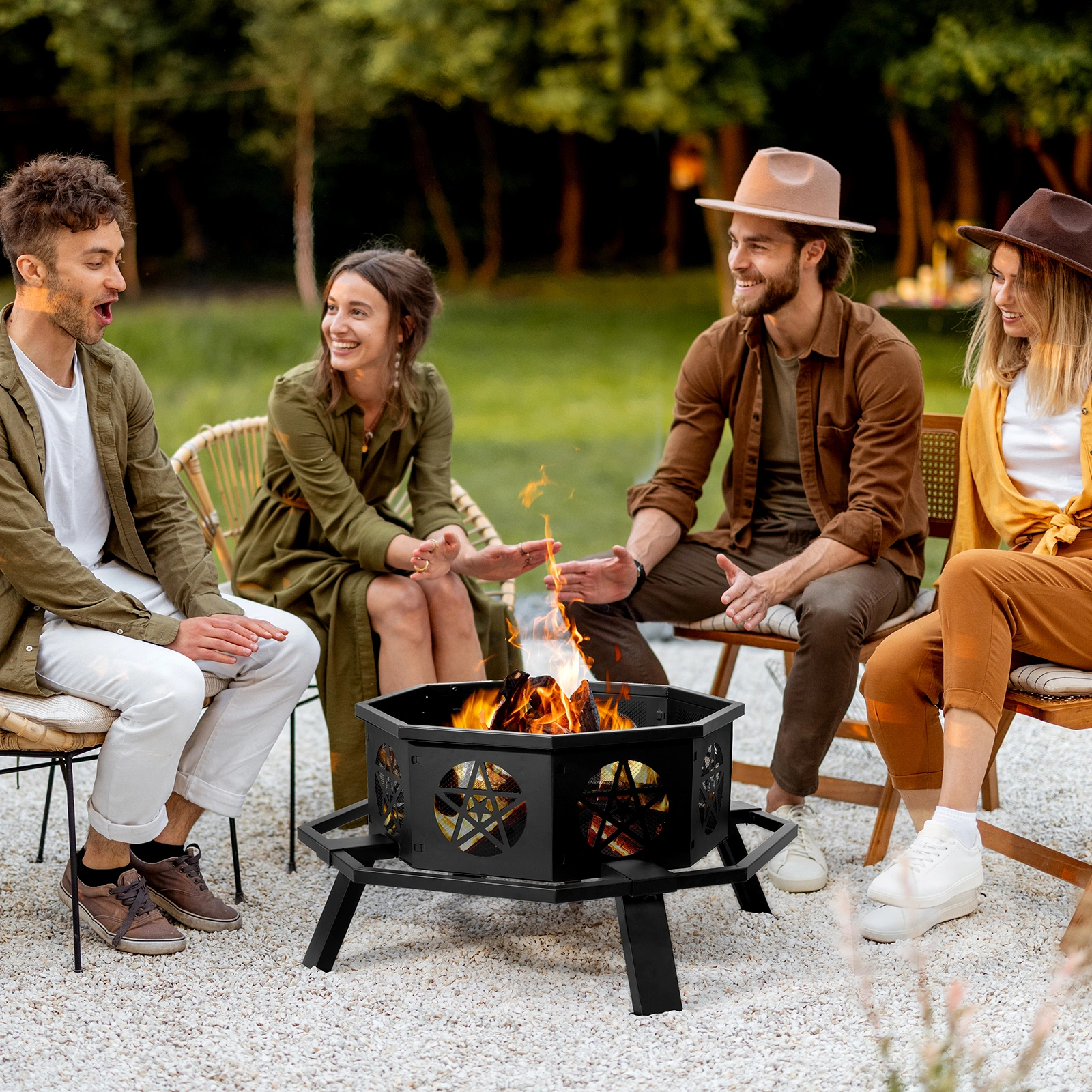 35 Inch Octagonal Wood Burning Fire Pit, Black Wrought Iron Fire Bowl with Foot Pedal and Star Cutout Vents, Flat Pack Design view 9
