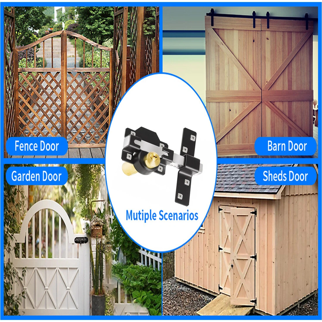 Garden Gate Lock Double Long Throw Rim Bolt Security Lock with 5 Keys 50mm Throw Both Sides