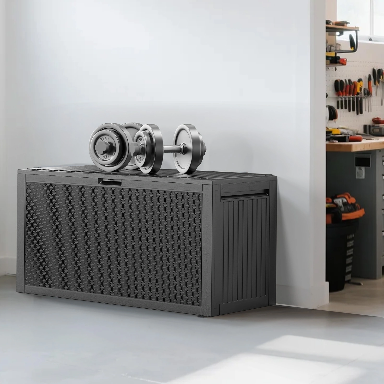 90gal Outdoor Garden Plastic Storage Deck Box Chest Tools Cushions Toys Lockable Seat view 2