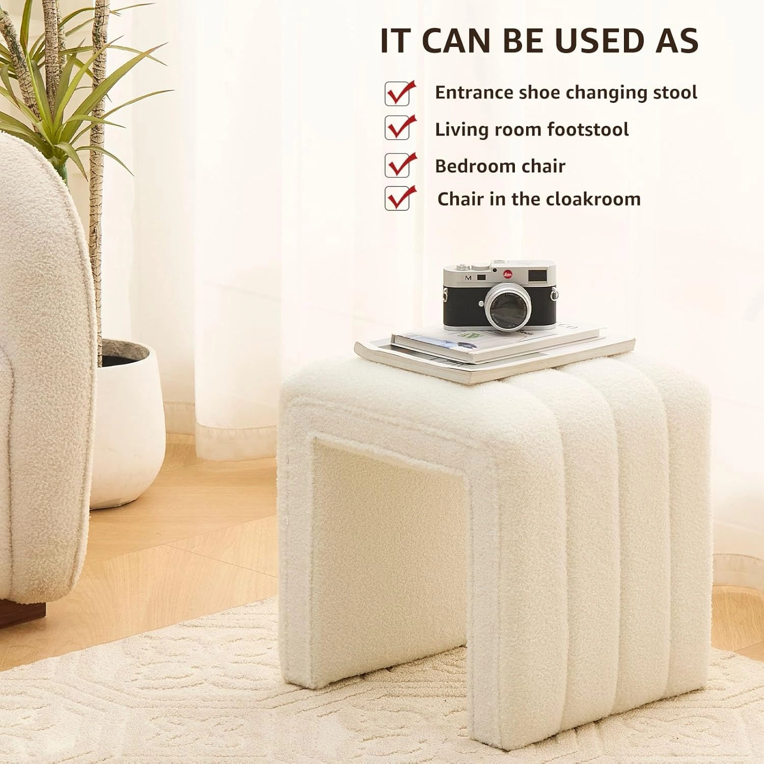 Modern Teddy Velvet Ottoman Footrest, Vanity Stool, and Shoe Bench for Makeup Room, Living Room, Entryway（White) view 3