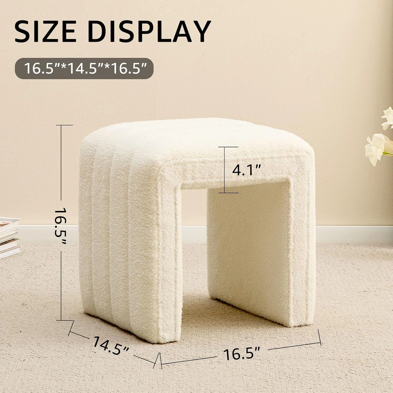 Modern Teddy Velvet Ottoman Footrest, Vanity Stool, and Shoe Bench for Makeup Room, Living Room, Entryway（White) view 5