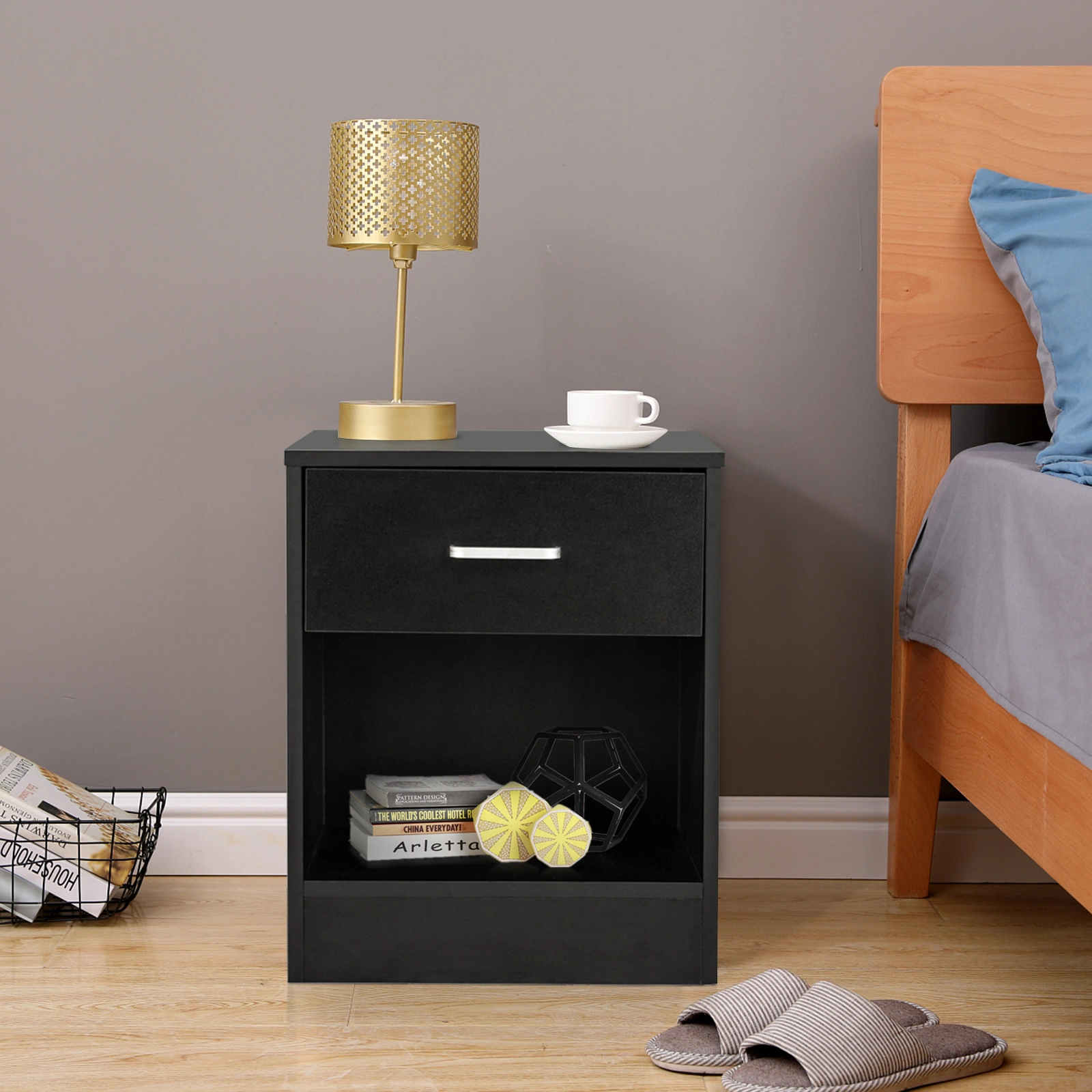 2pcs Night Stands with Drawer, Black Bedside Tables with Storage Shelf, Modern Bedroom Nightstand End Table for Living Room