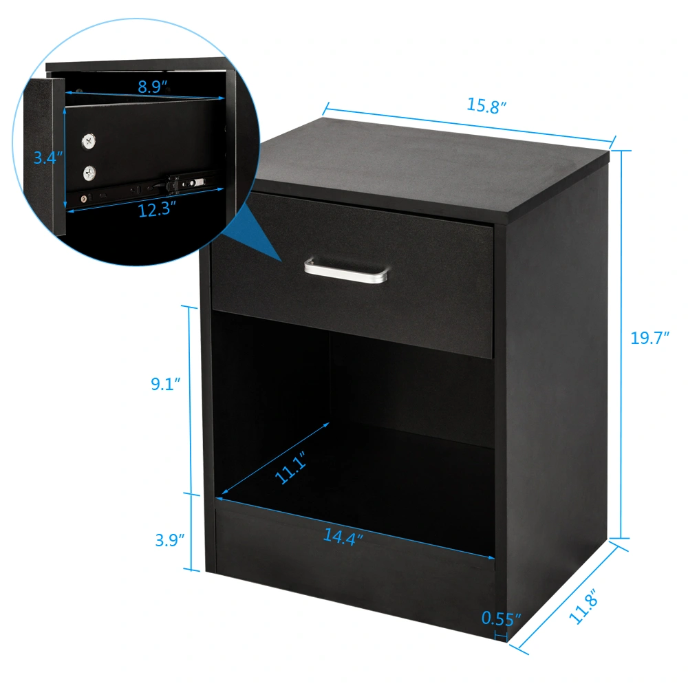 2pcs Night Stands with Drawer, Black Bedside Tables with Storage Shelf, Modern Bedroom Nightstand End Table for Living Room view 11