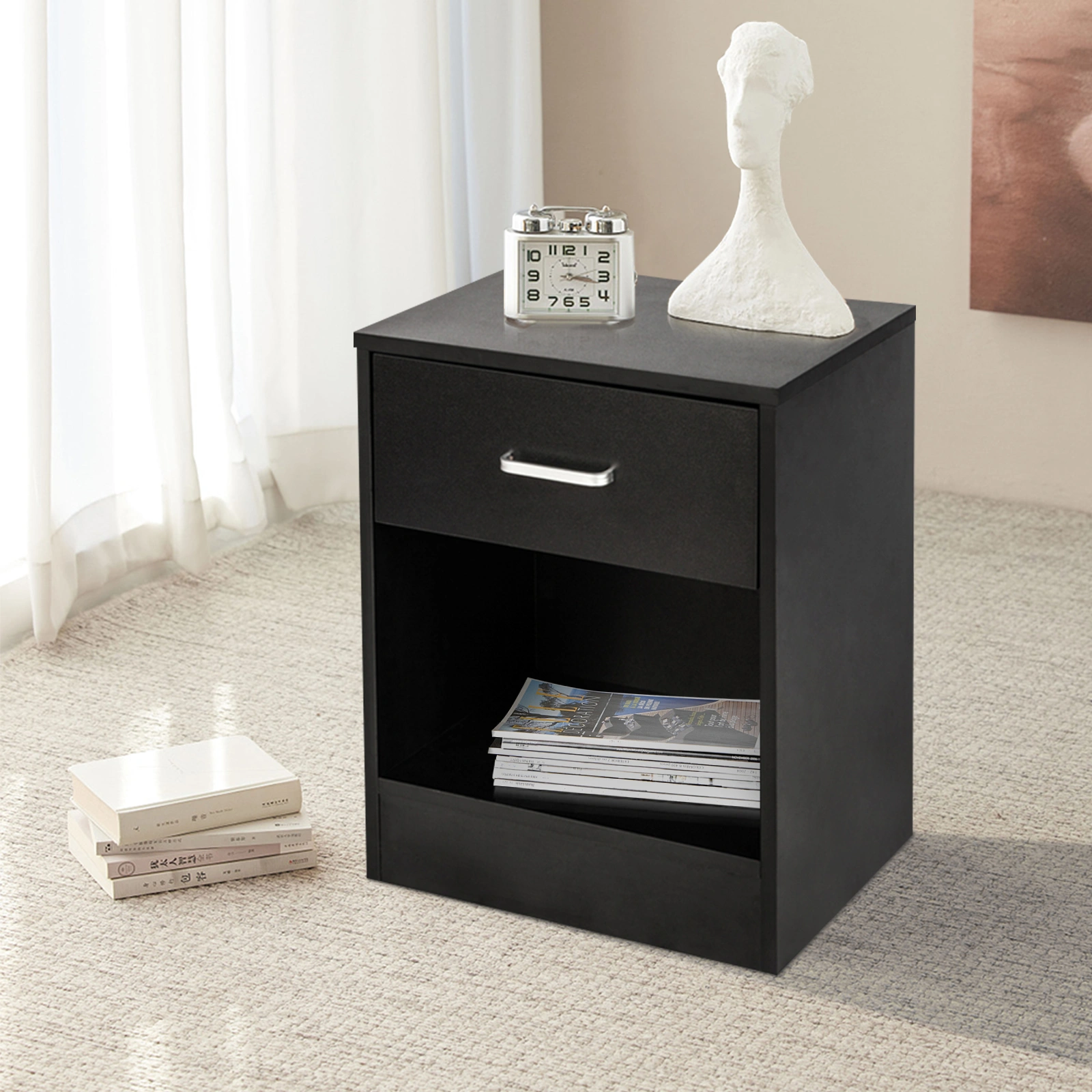 2pcs Night Stands with Drawer, Black Bedside Tables with Storage Shelf, Modern Bedroom Nightstand End Table for Living Room view 14