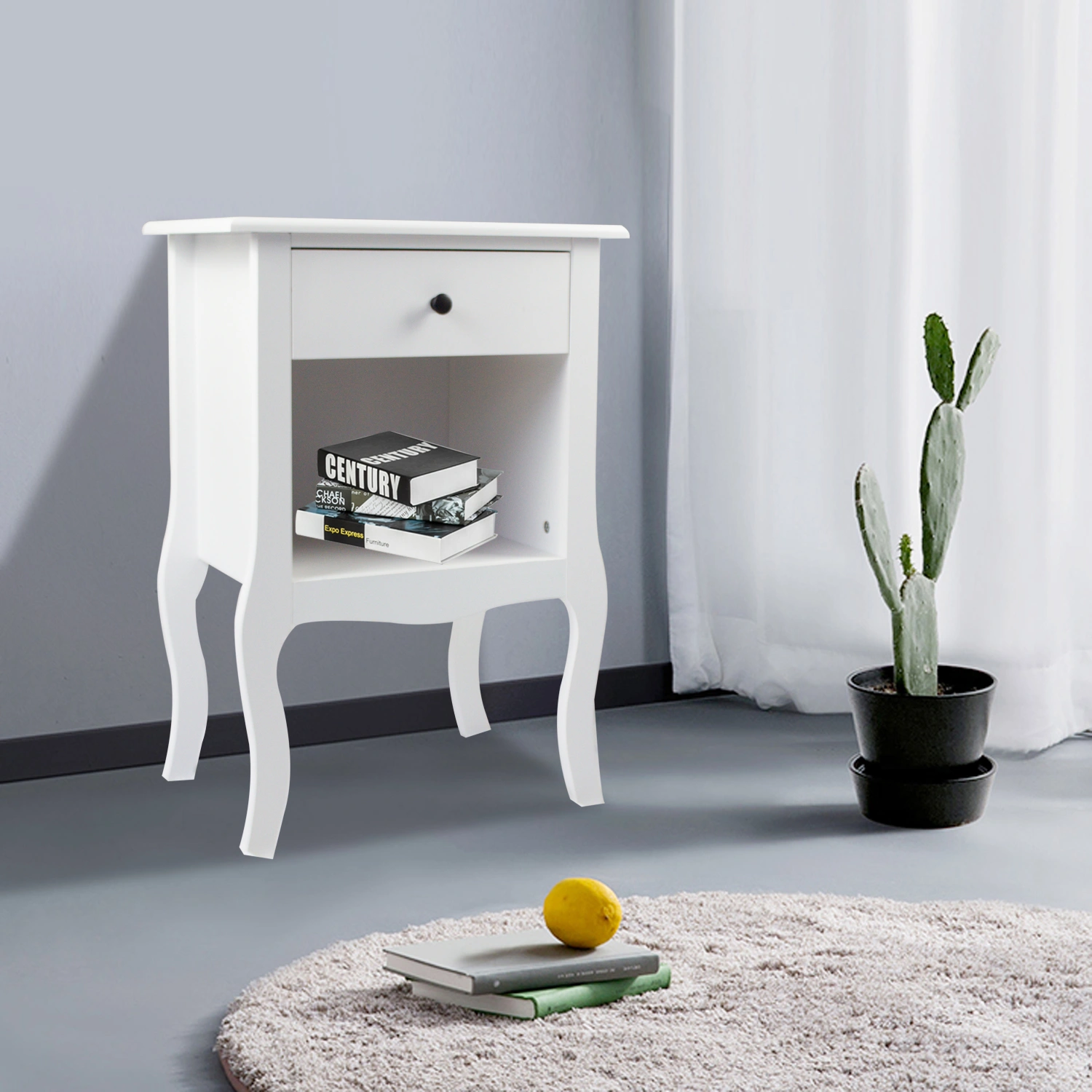 European Style Bedside Table with 1 Drawer, White Nightstand with Storage Shelf for Bedroom