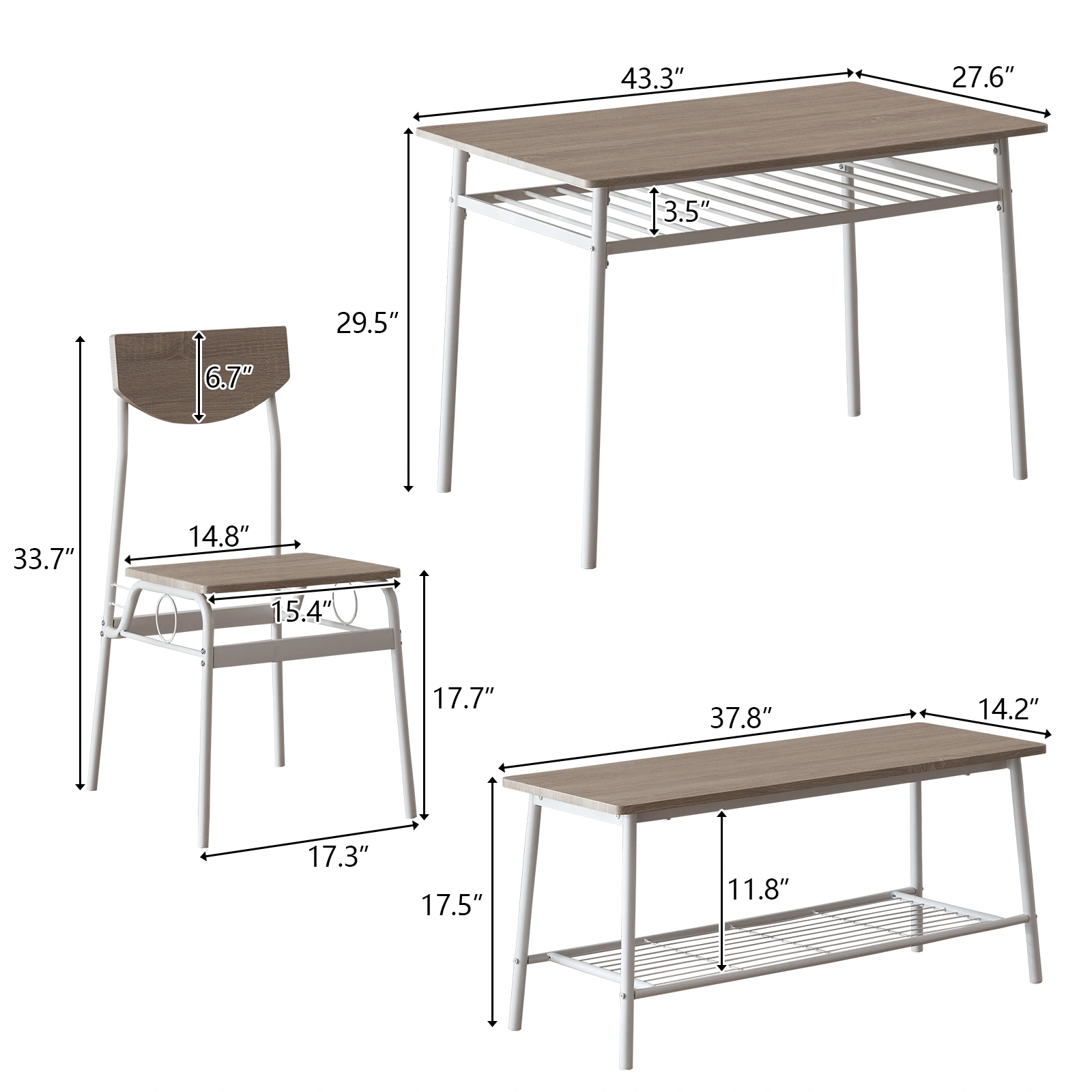 Modern 6-Piece Dining Set with Storage Racks, Rectangular Table, 4 Chairs & Bench, Steel Frame, White Oak view 11