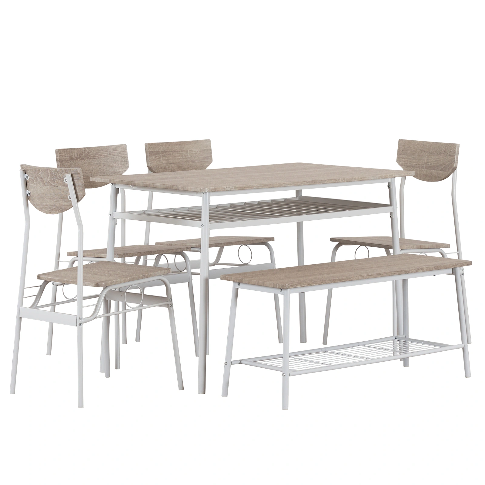 Modern 6-Piece Dining Set with Storage Racks, Rectangular Table, 4 Chairs & Bench, Steel Frame, White Oak view 12