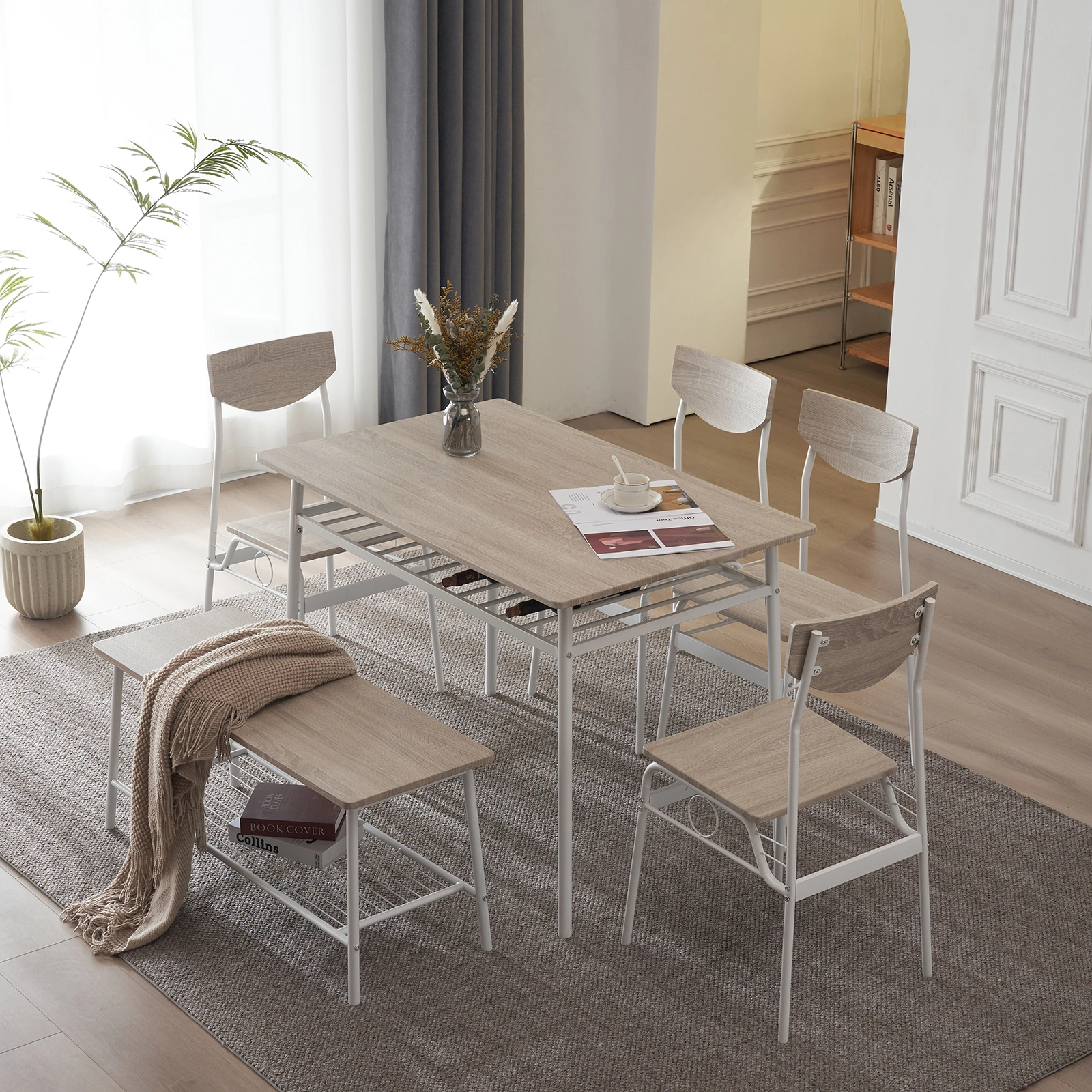 Modern 6-Piece Dining Set with Storage Racks, Rectangular Table, 4 Chairs & Bench, Steel Frame, White Oak view 15