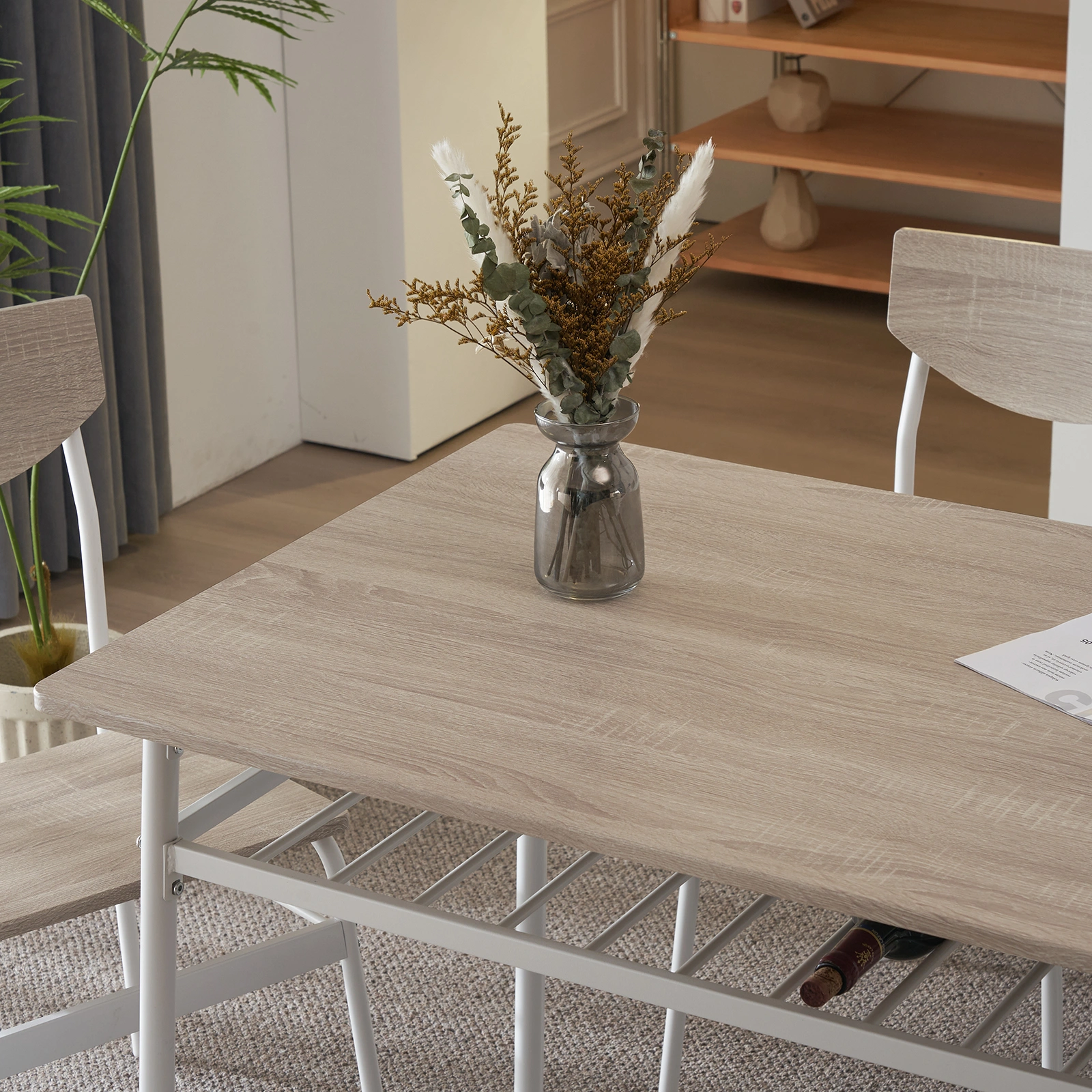 Modern 6-Piece Dining Set with Storage Racks, Rectangular Table, 4 Chairs & Bench, Steel Frame, White Oak view 18