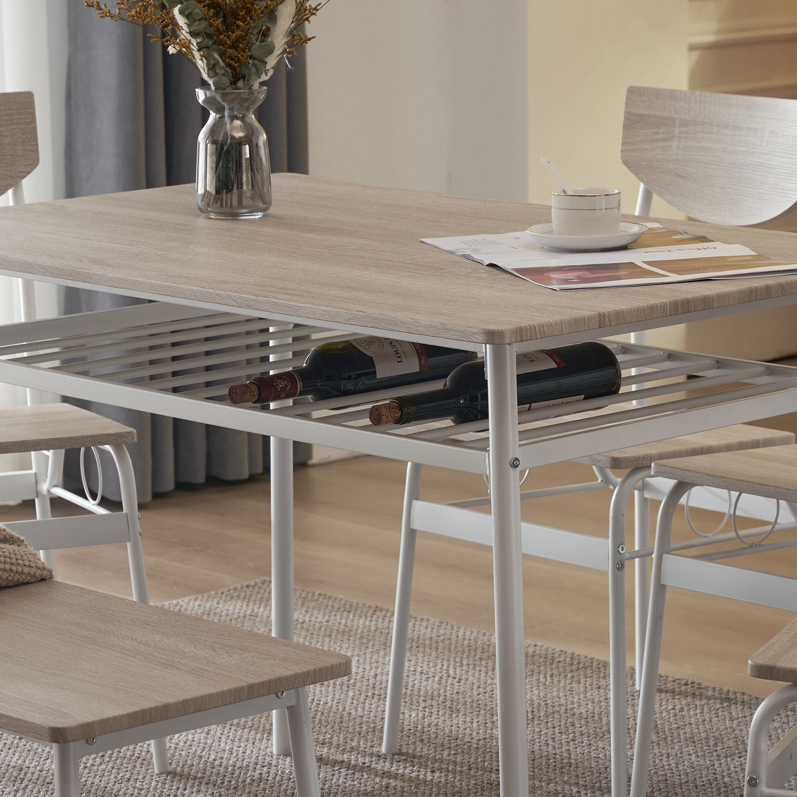 Modern 6-Piece Dining Set with Storage Racks, Rectangular Table, 4 Chairs & Bench, Steel Frame, White Oak view 19